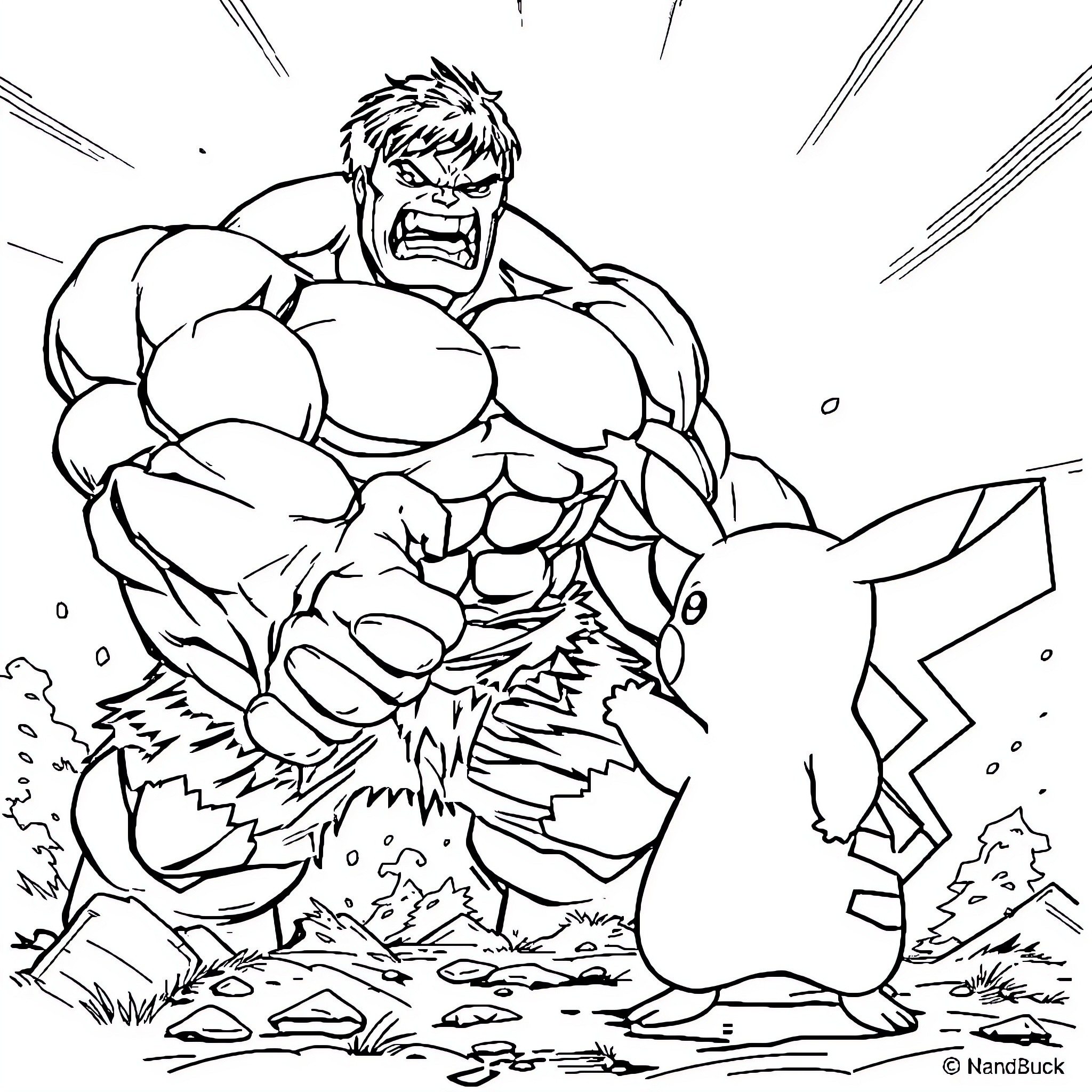 Pikachu battling a muscular warrior in an intense confrontation Coloring Page (free black-and-white line drawing printable PDF for all, from beginners to advanced learners, including children, teens, adults, and seniors)