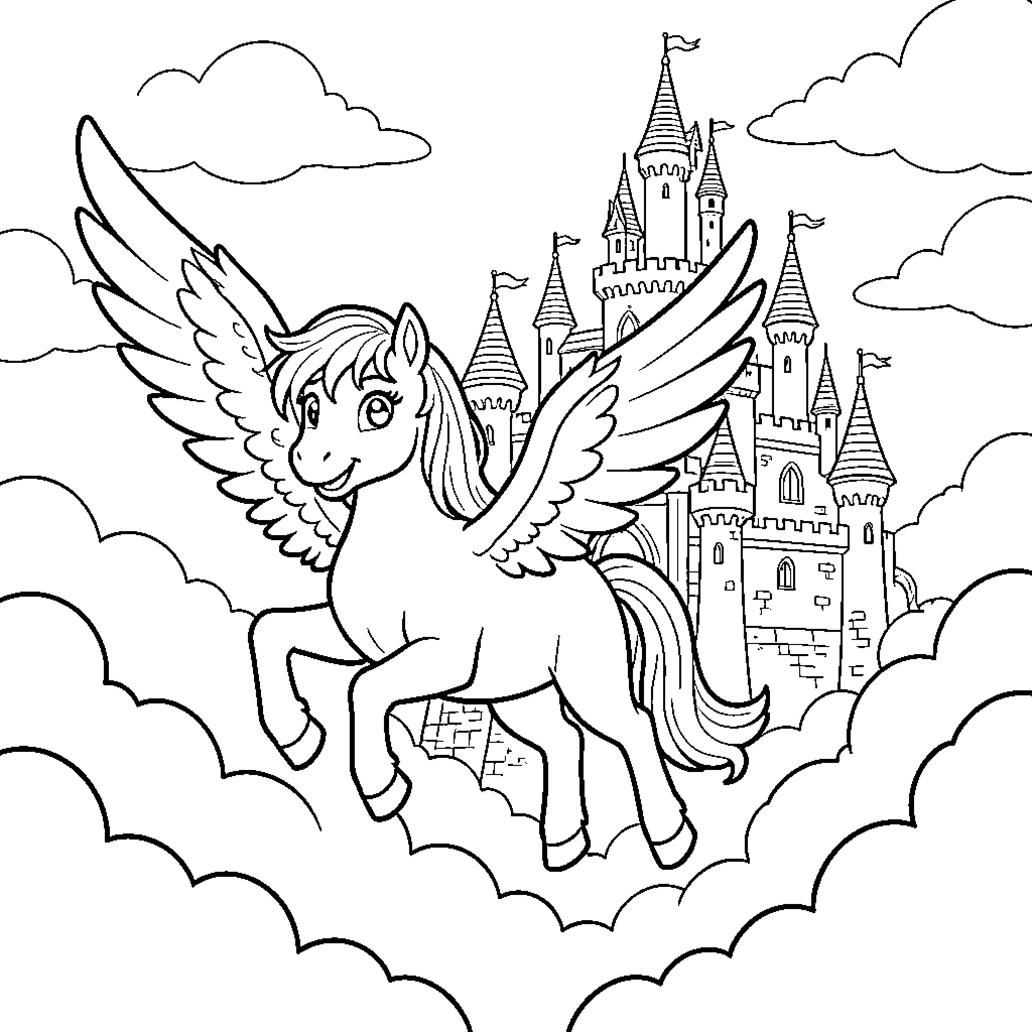 Pony flying gracefully towards a fantasy castle Coloring Page (free black-and-white line drawing printable PDF for all, from beginners to advanced learners, including children, teens, adults, and seniors)
