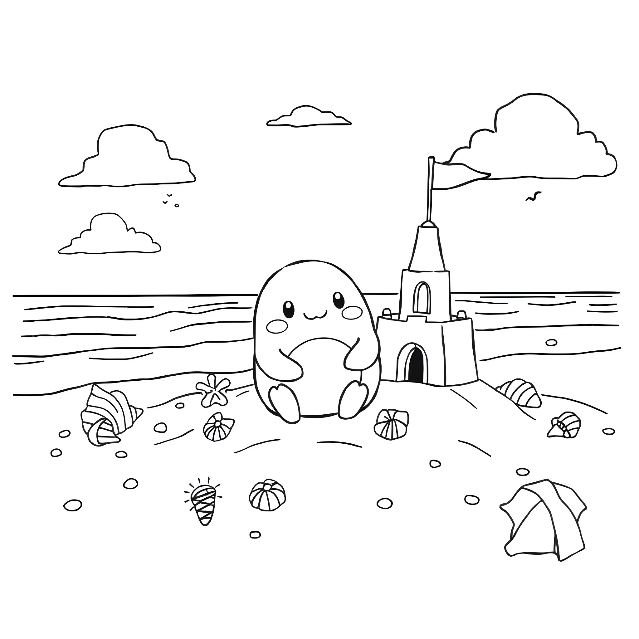 Squishmellow playing on the beach with a sandcastle Coloring Page (free black-and-white line drawing printable PDF for all, from beginners to advanced learners, including children, teens, adults, and seniors)