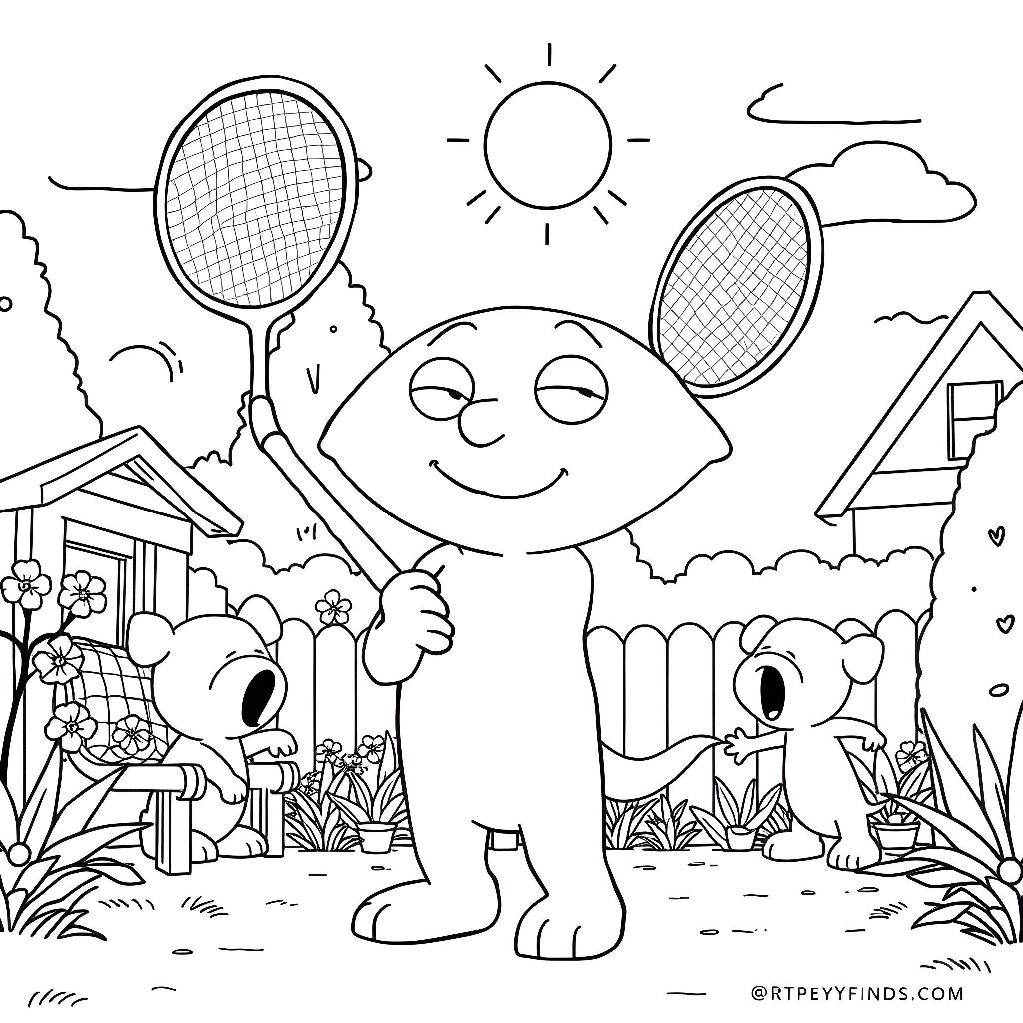Stewie enjoys a sunny day playing with tennis rackets Coloring Page (free black-and-white line drawing printable PDF for all, from beginners to advanced learners, including children, teens, adults, and seniors)