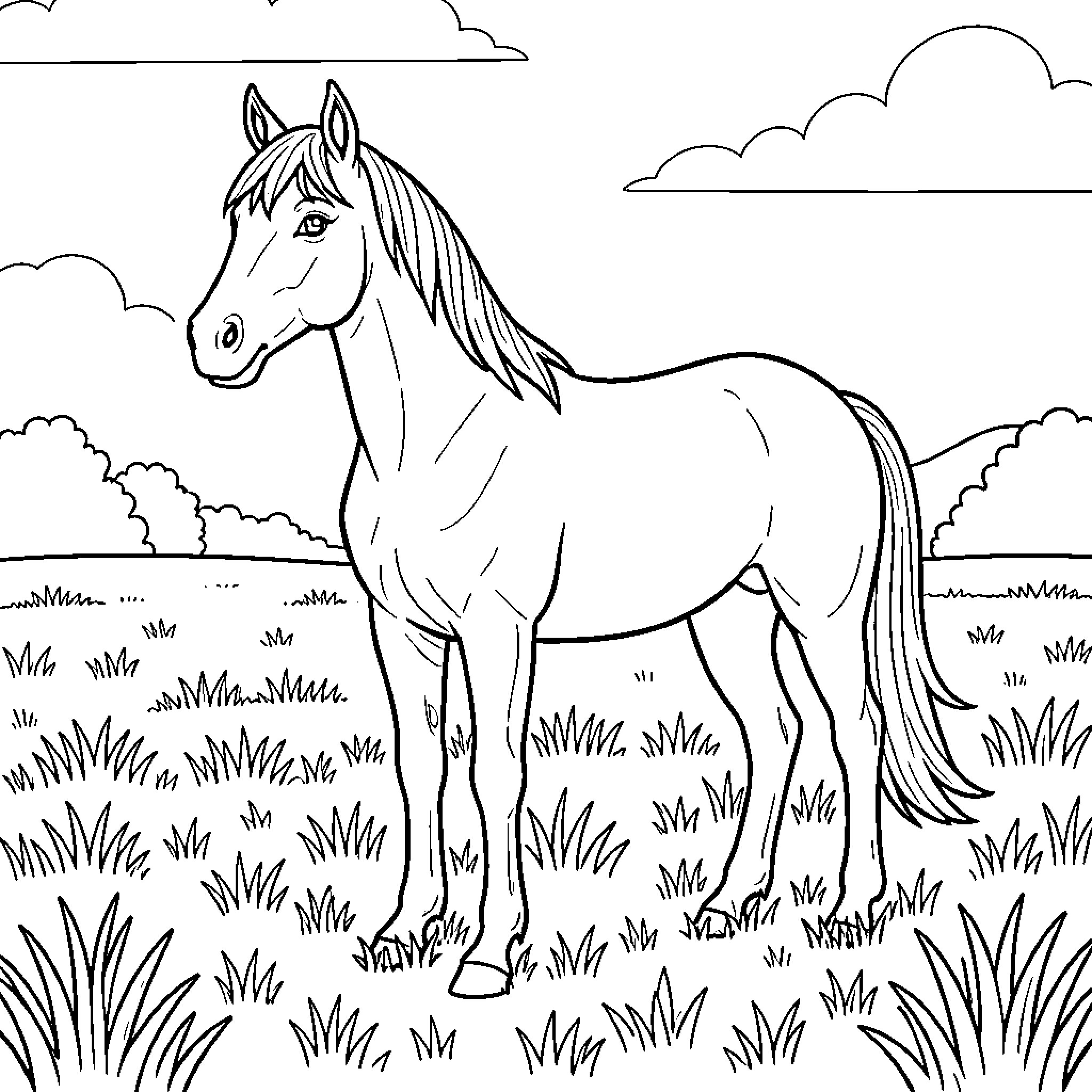 Horse standing peacefully in a grassy meadow Coloring Page (free black-and-white line drawing printable PDF for all, from beginners to advanced learners, including children, teens, adults, and seniors)