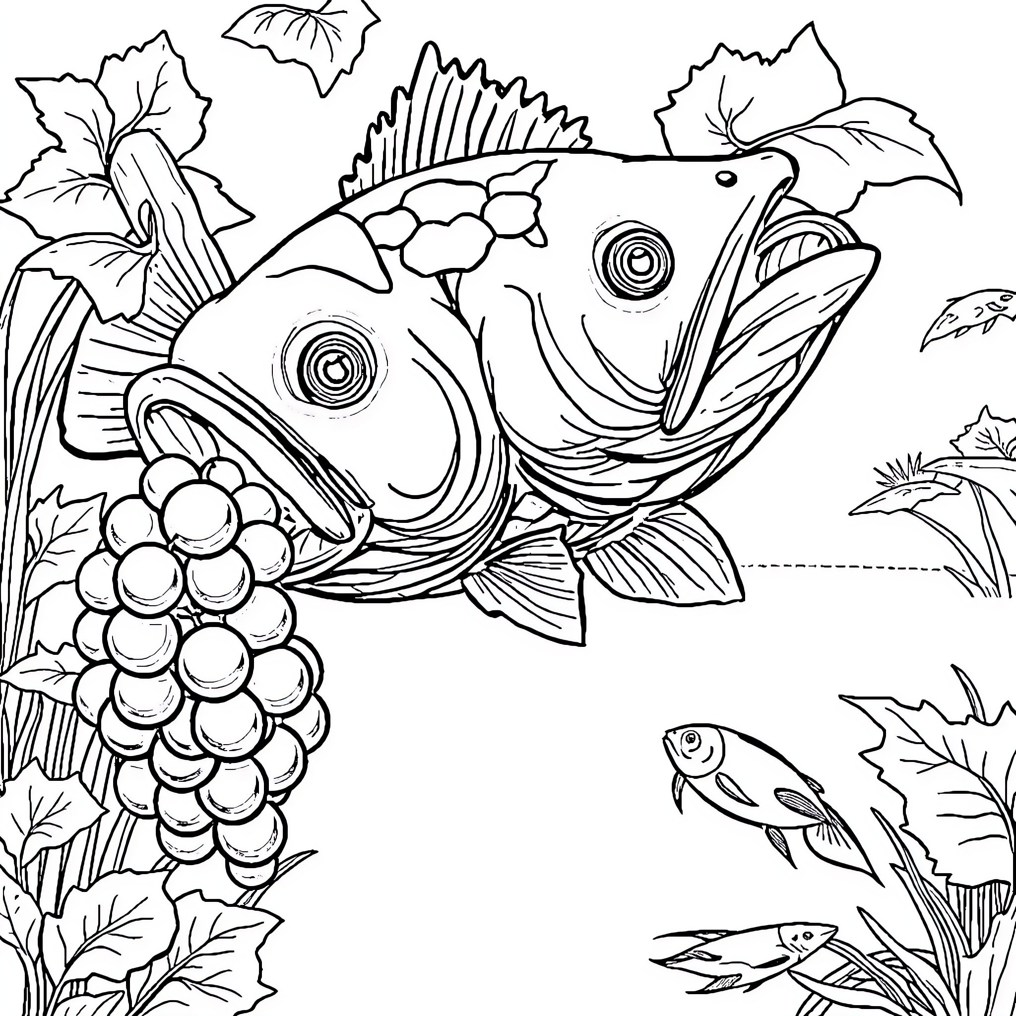 Fish swimming among leaves and grapes Coloring Page (free black-and-white line drawing printable PDF for all, from beginners to advanced learners, including children, teens, adults, and seniors)