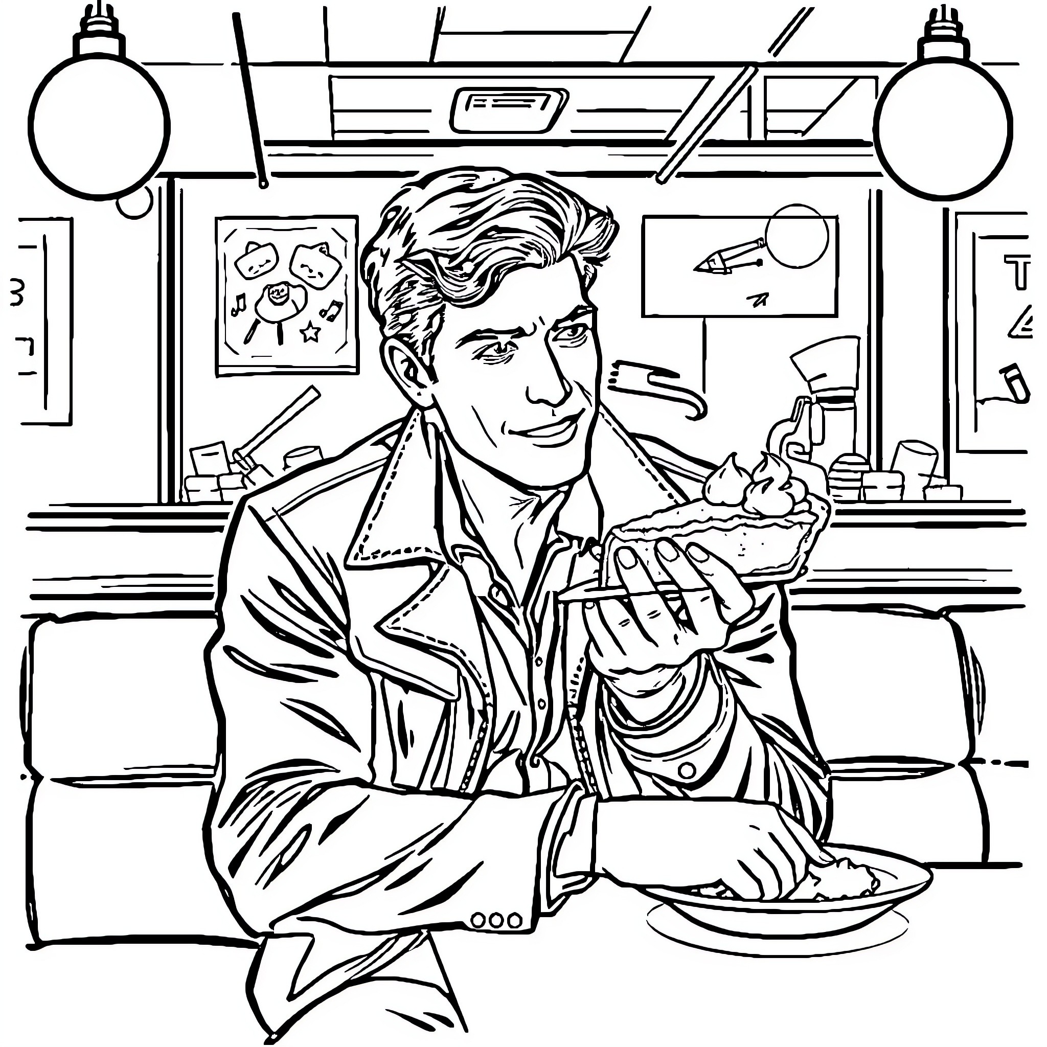 Dean Winchester enjoying a meal in a diner Coloring Page (free black-and-white line drawing printable PDF for all, from beginners to advanced learners, including children, teens, adults, and seniors)