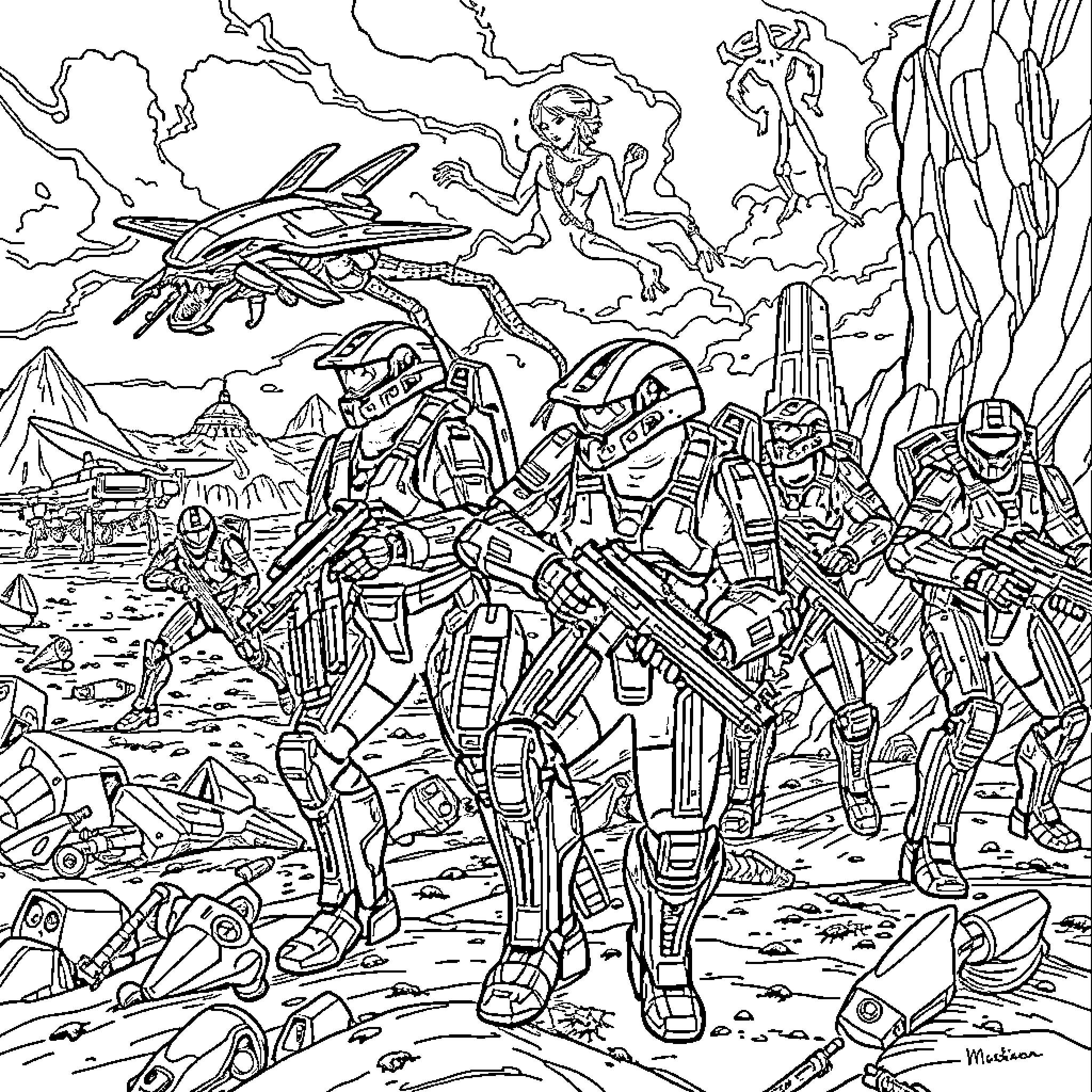 Halo: Futuristic Soldiers in Fierce Battle Coloring Page (free black-and-white line drawing printable PDF for all, from beginners to advanced learners, including children, teens, adults, and seniors)