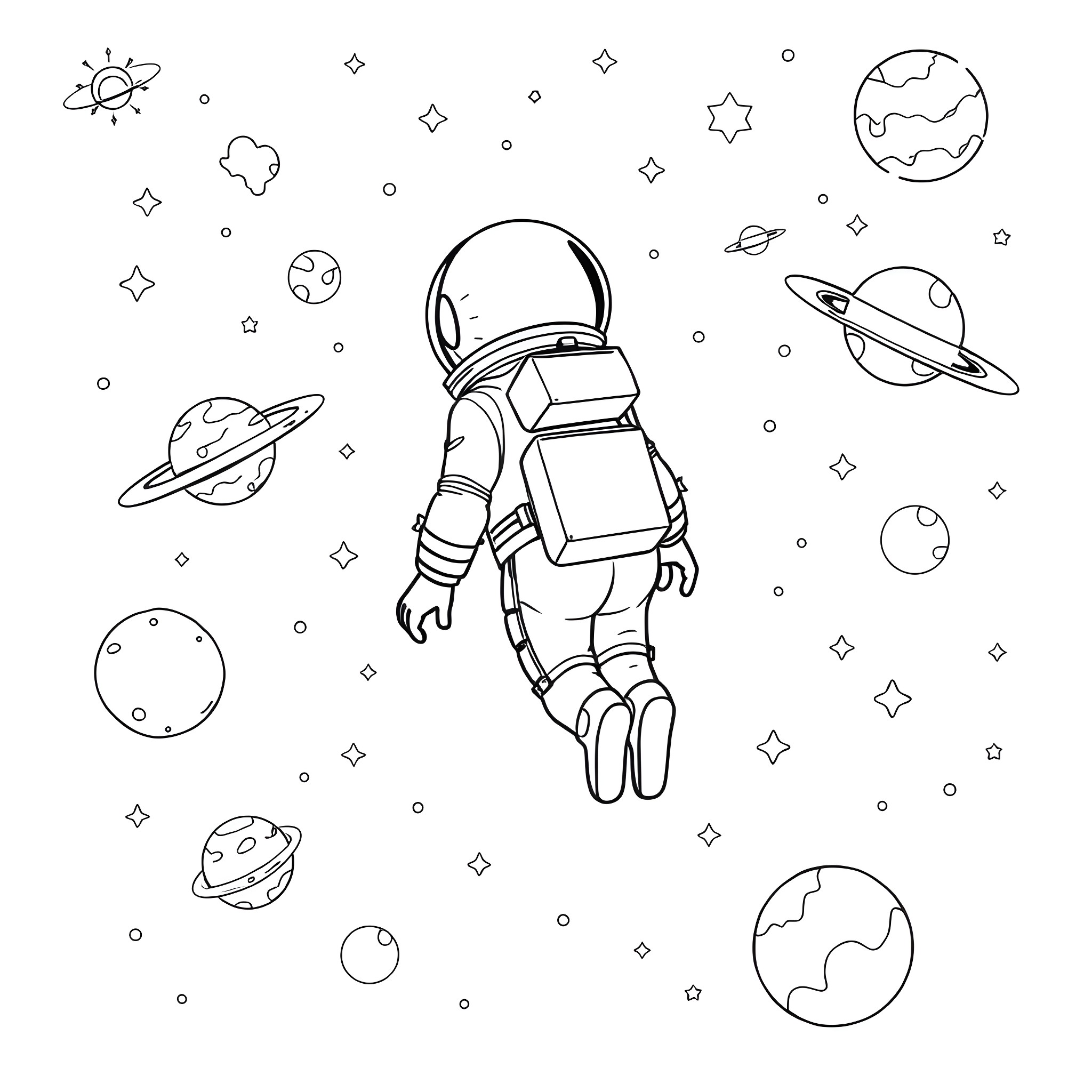 Among Us Astronaut Floating in Outer Space Coloring Page (free black-and-white line drawing printable PDF for all, from beginners to advanced learners, including children, teens, adults, and seniors)
