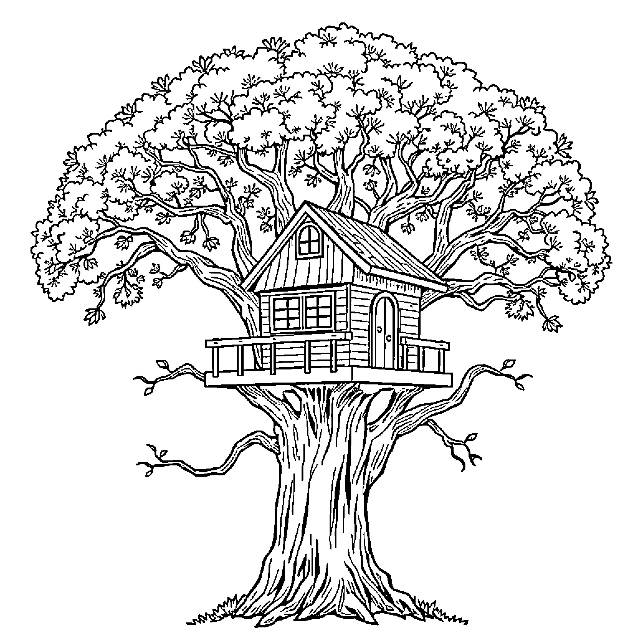 Tree House in the Enchanting Forest Coloring Page (free black-and-white line drawing printable PDF for all, from beginners to advanced learners, including children, teens, adults, and seniors)