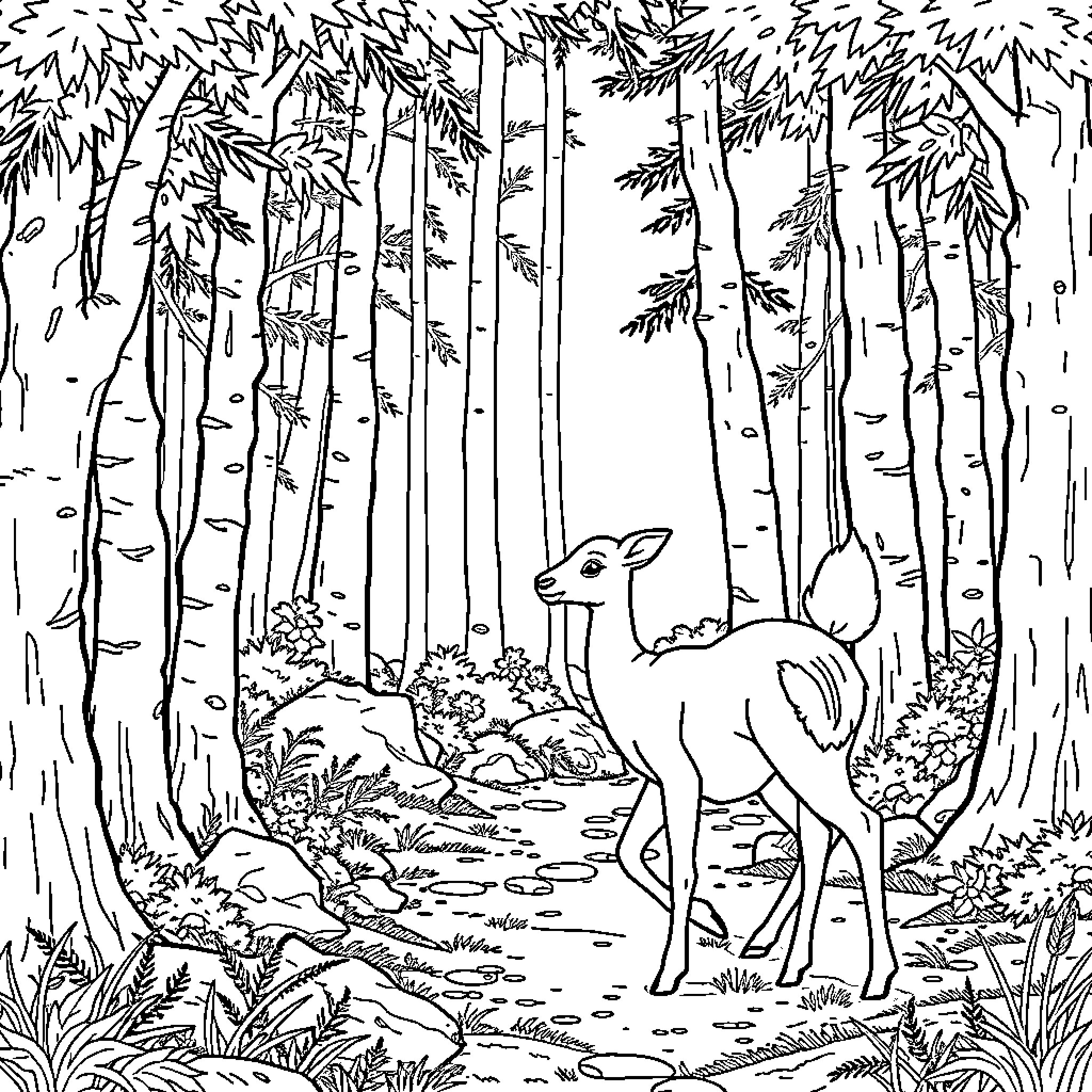 Deer exploring the enchanting forest Coloring Page (free black-and-white line drawing printable PDF for all, from beginners to advanced learners, including children, teens, adults, and seniors)