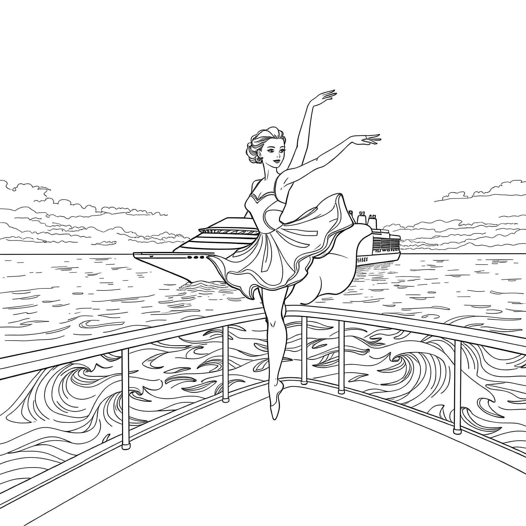 Ballerina dancing gracefully on a pier overlooking the ocean Coloring Page (free black-and-white line drawing printable PDF for all, from beginners to advanced learners, including children, teens, adults, and seniors)
