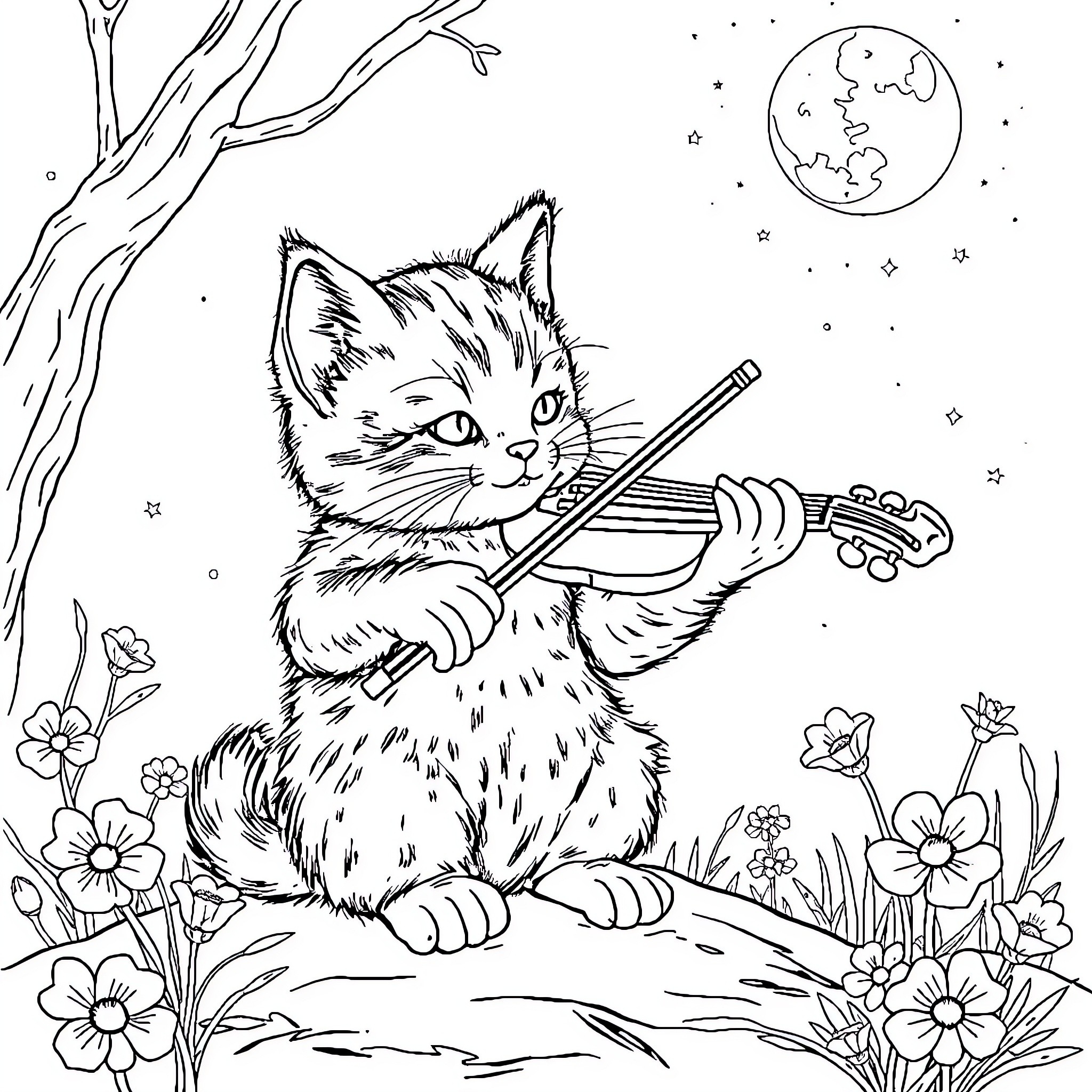 Kitten playing violin under the starry night sky Coloring Page (free black-and-white line drawing printable PDF for all, from beginners to advanced learners, including children, teens, adults, and seniors)