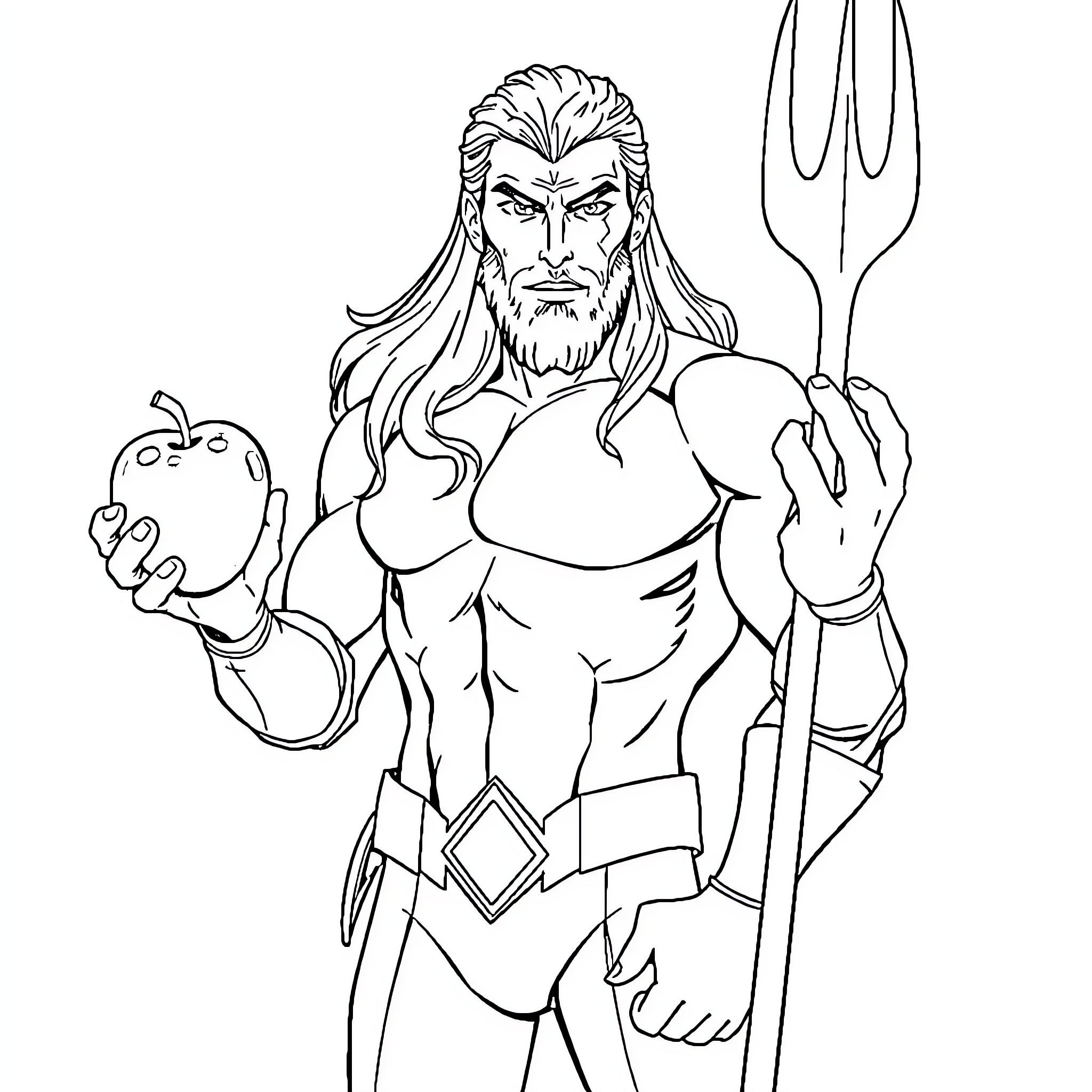 Aquaman holding apple and trident Coloring Page (free black-and-white line drawing printable PDF for all, from beginners to advanced learners, including children, teens, adults, and seniors)