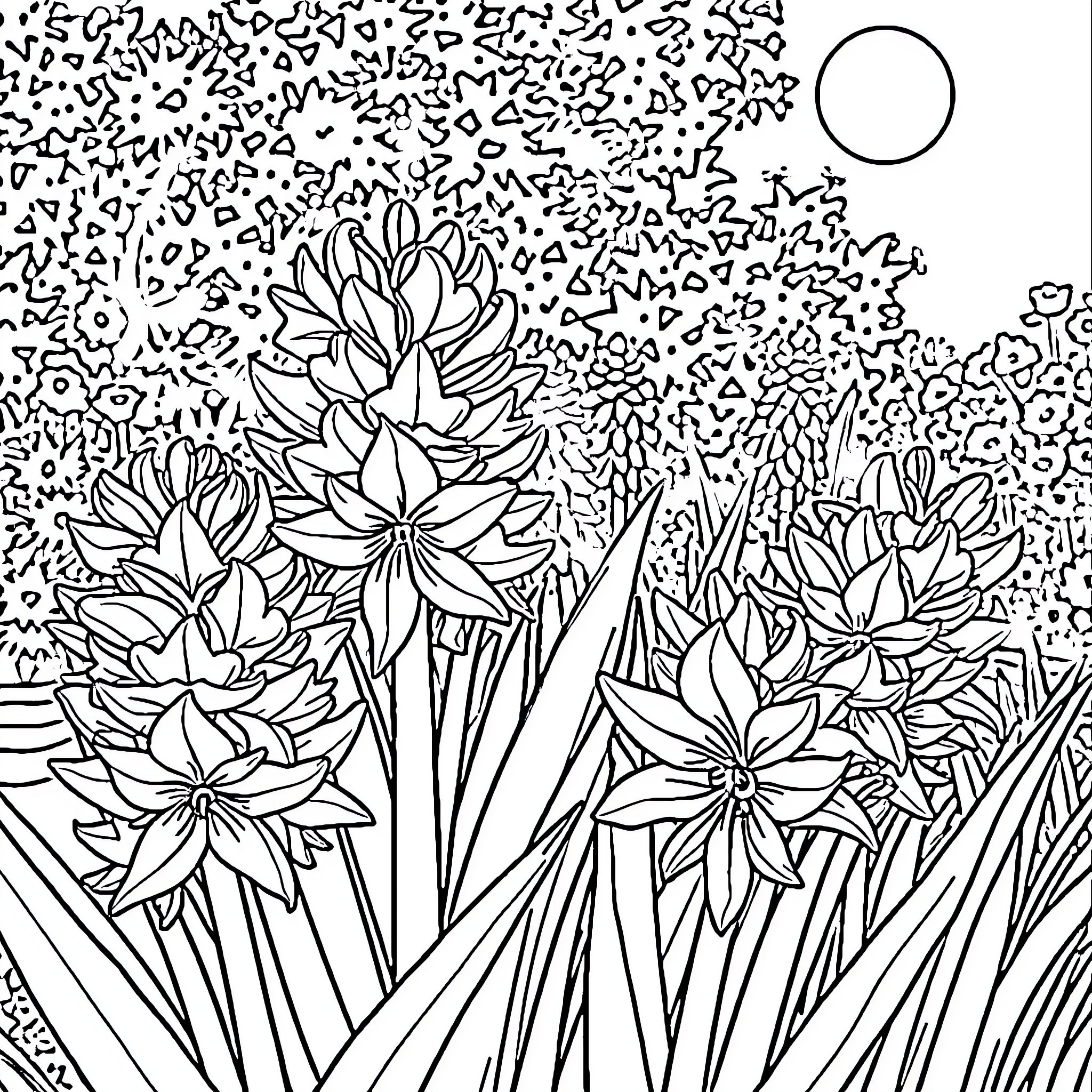 Hyacinths blooming in a whimsical garden Coloring Page (free black-and-white line drawing printable PDF for all, from beginners to advanced learners, including children, teens, adults, and seniors)