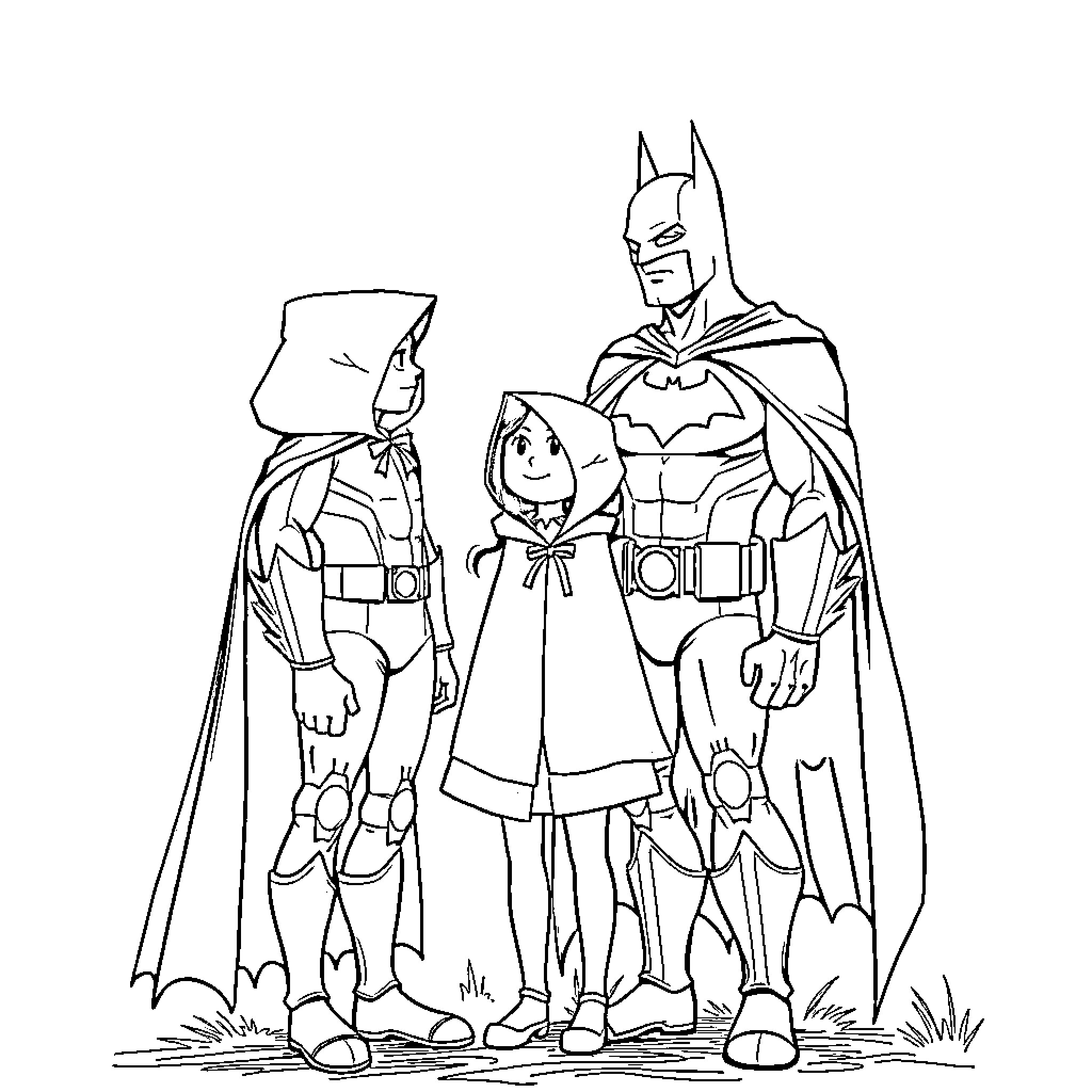 Little Red Riding Hood with Batman and Robin in the forest Coloring Page (free black-and-white line drawing printable PDF for all, from beginners to advanced learners, including children, teens, adults, and seniors)
