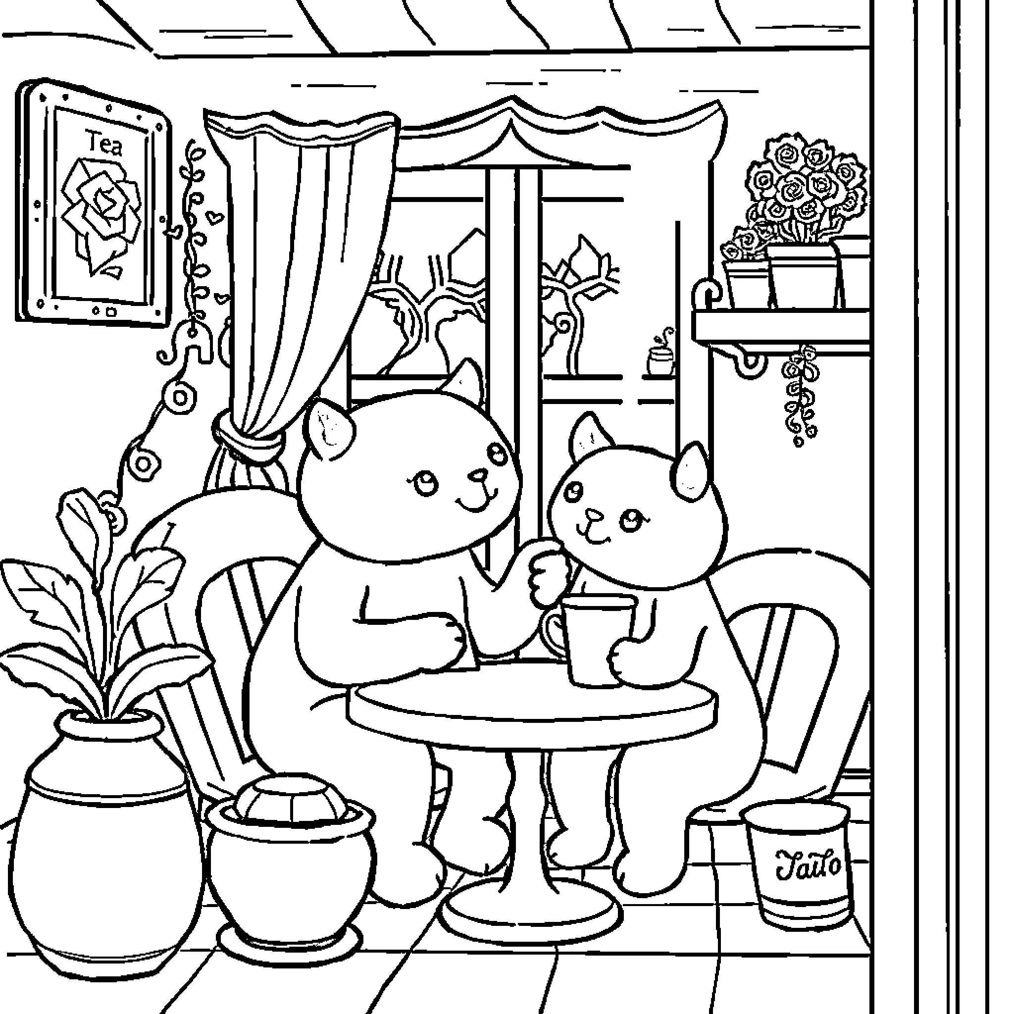 Hada Cats Enjoying Tea Time in Cozy Home Coloring Page (free black-and-white line drawing printable PDF for all, from beginners to advanced learners, including children, teens, adults, and seniors)