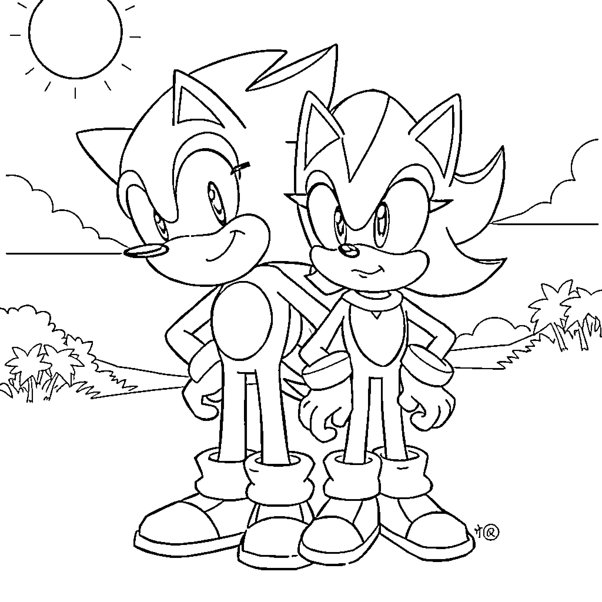Sonic characters in a fun outdoor scene Coloring Page (free black-and-white line drawing printable PDF for all, from beginners to advanced learners, including children, teens, adults, and seniors)