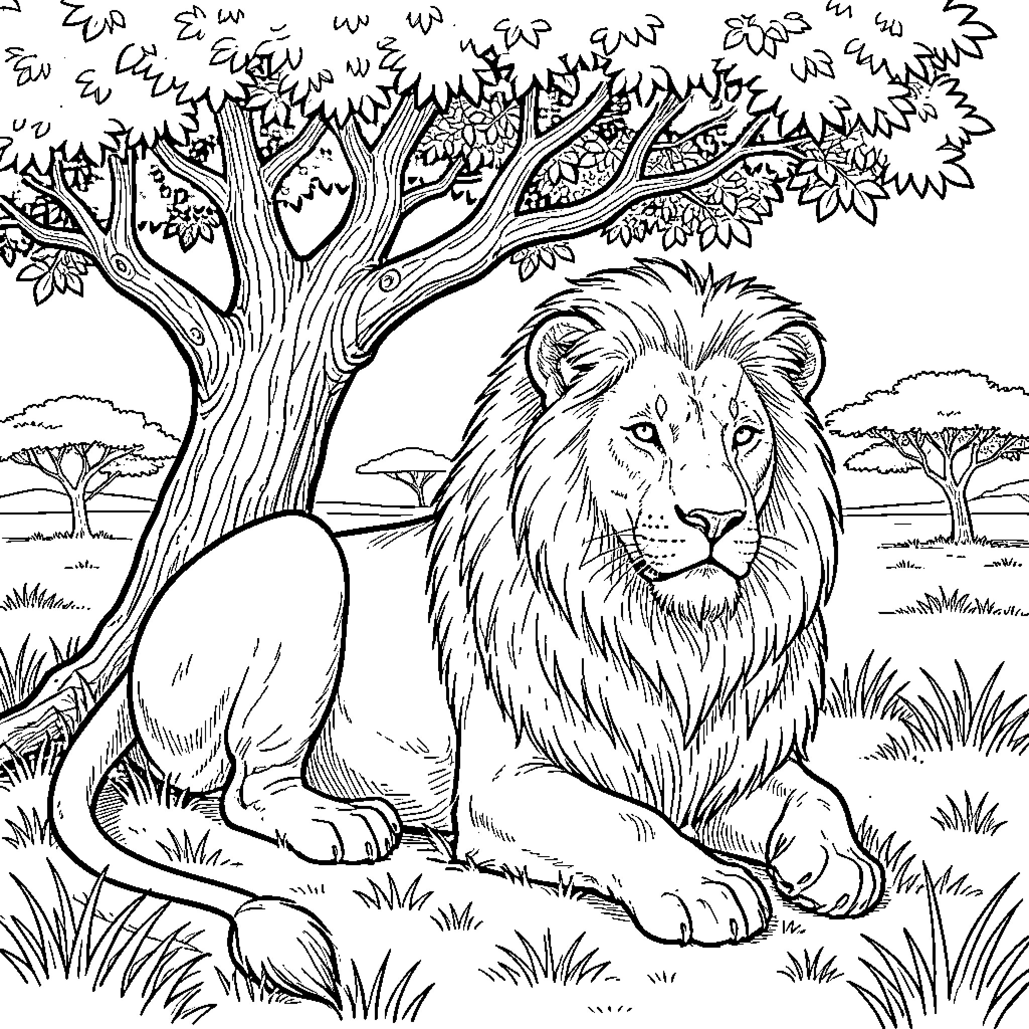 Lion resting under a large tree Coloring Page (free black-and-white line drawing printable PDF for all, from beginners to advanced learners, including children, teens, adults, and seniors)
