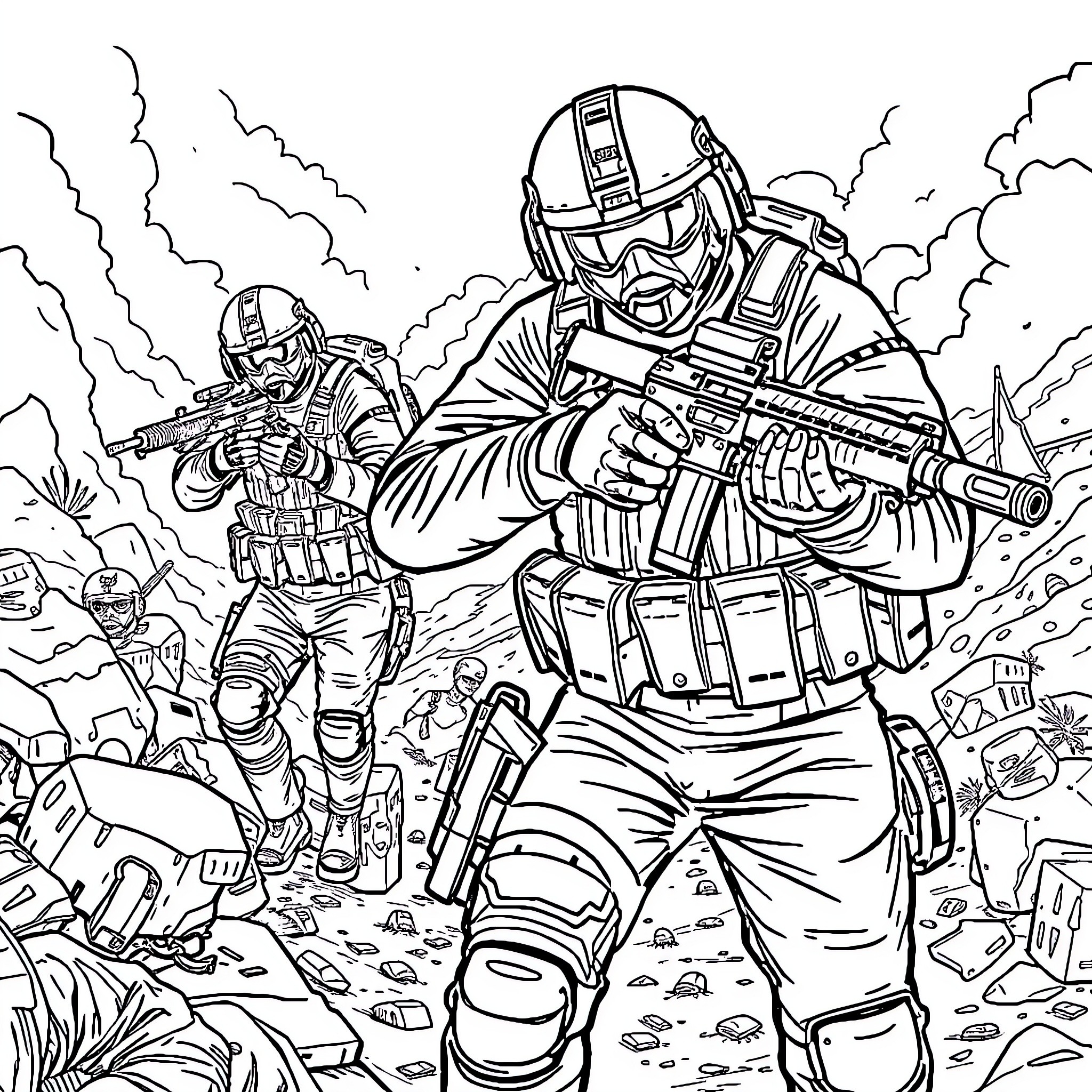 Call of Duty Ghost: Soldiers in Action Coloring Page (free black-and-white line drawing printable PDF for all, from beginners to advanced learners, including children, teens, adults, and seniors)