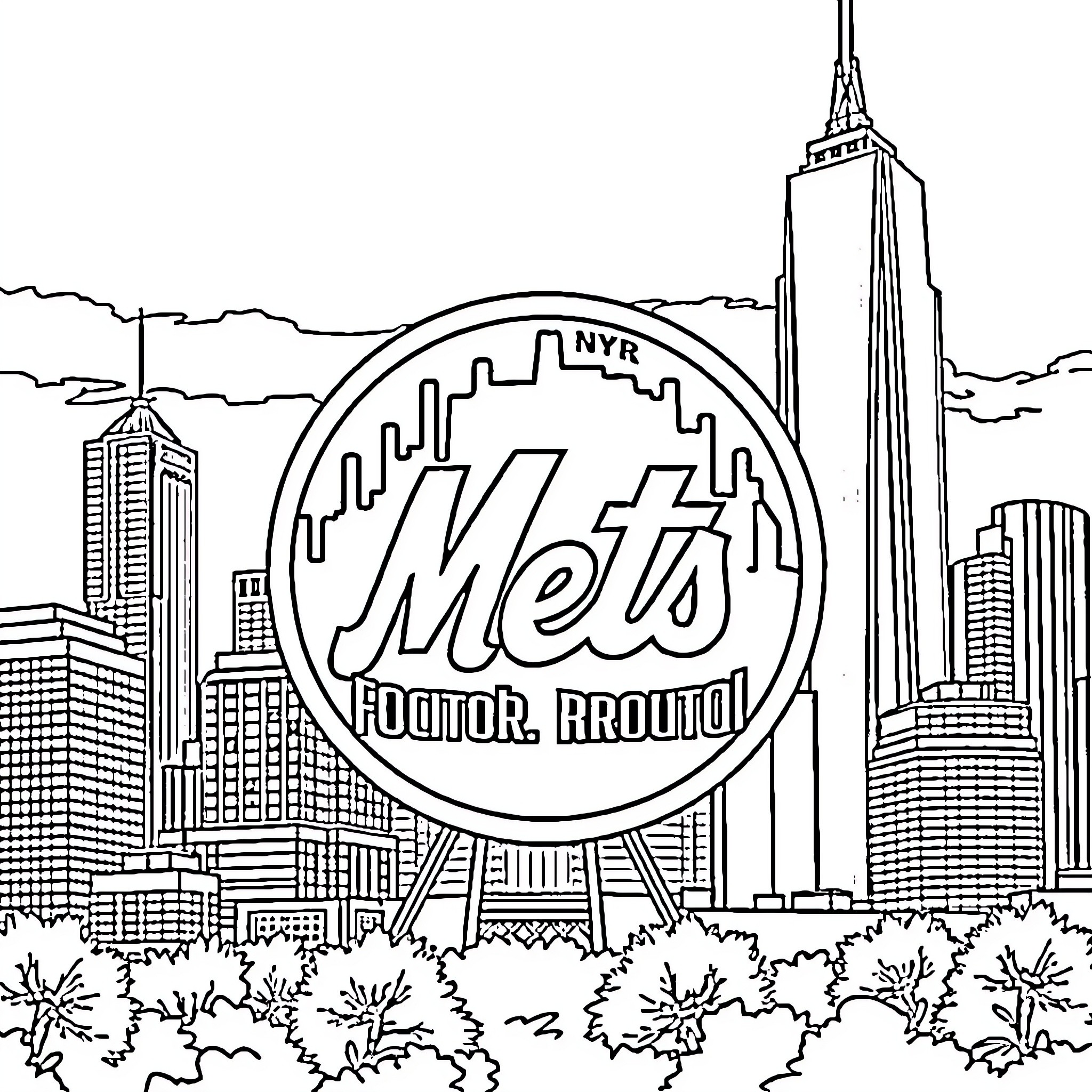 NY Mets Iconic Skyline and Stadium Graphic Coloring Page (free black-and-white line drawing printable PDF for all, from beginners to advanced learners, including children, teens, adults, and seniors)