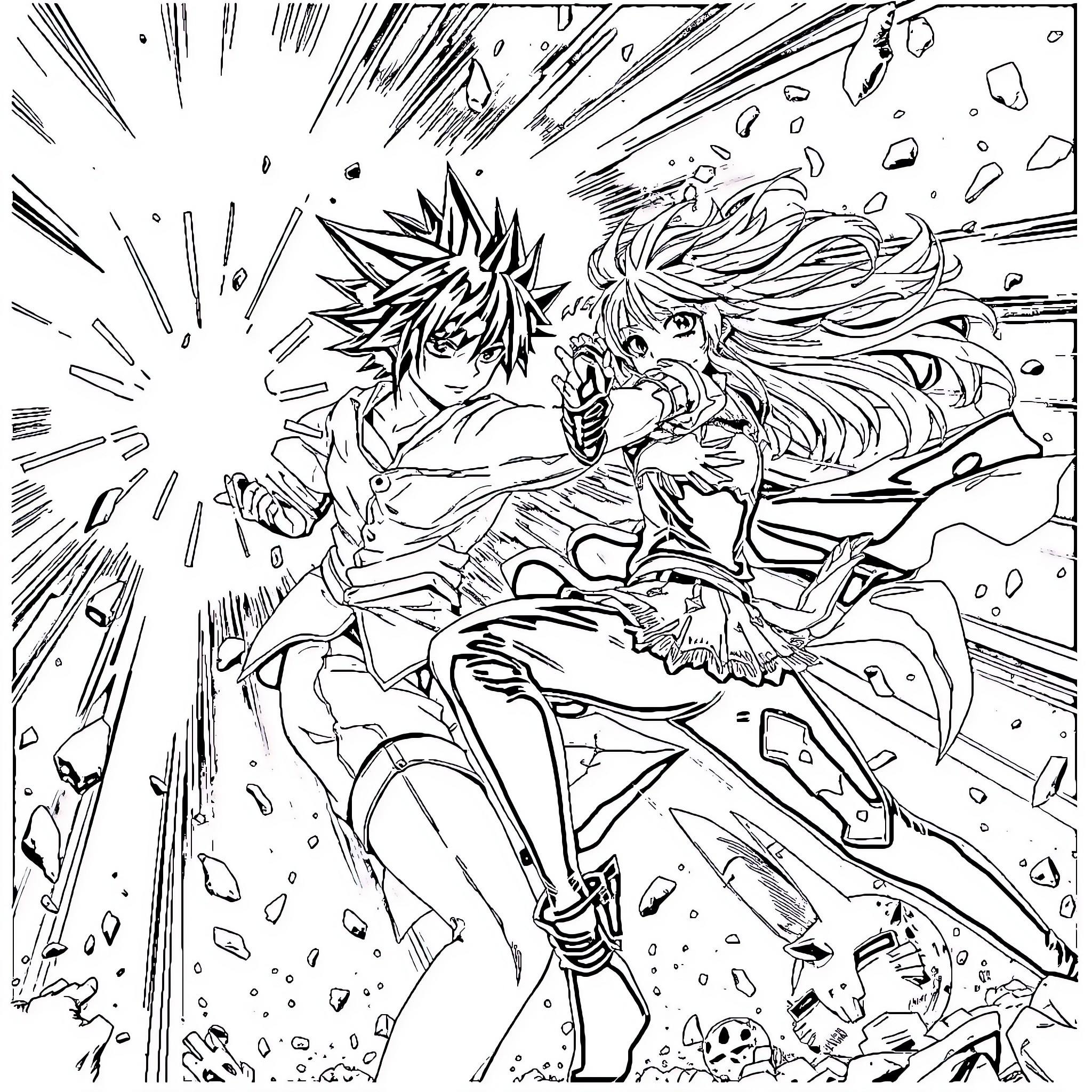 Katsuki's Explosive Battle Against Foes Coloring Page (free black-and-white line drawing printable PDF for all, from beginners to advanced learners, including children, teens, adults, and seniors)