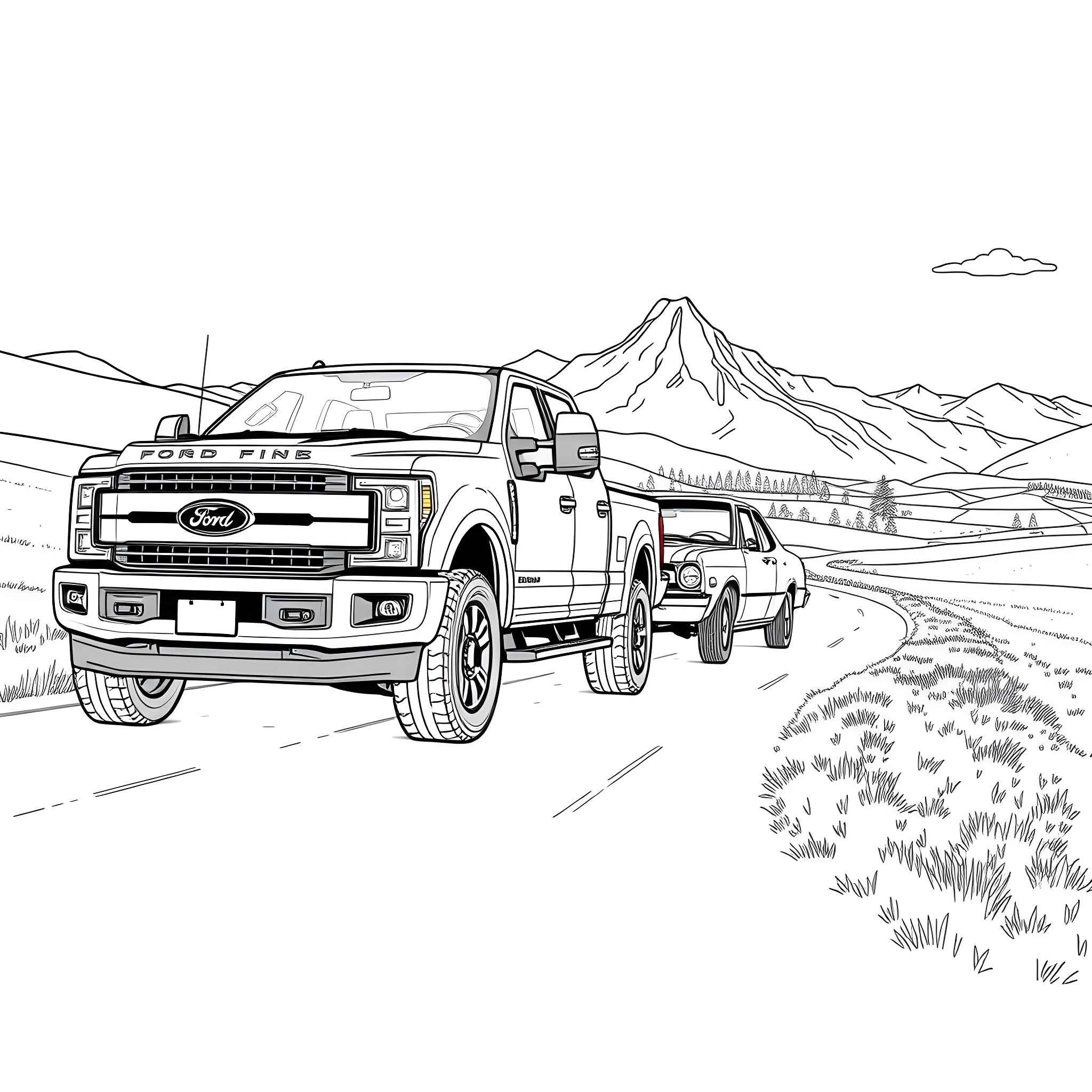 Ford pickup truck driving through rugged mountain landscape Coloring Page (free black-and-white line drawing printable PDF for all, from beginners to advanced learners, including children, teens, adults, and seniors)