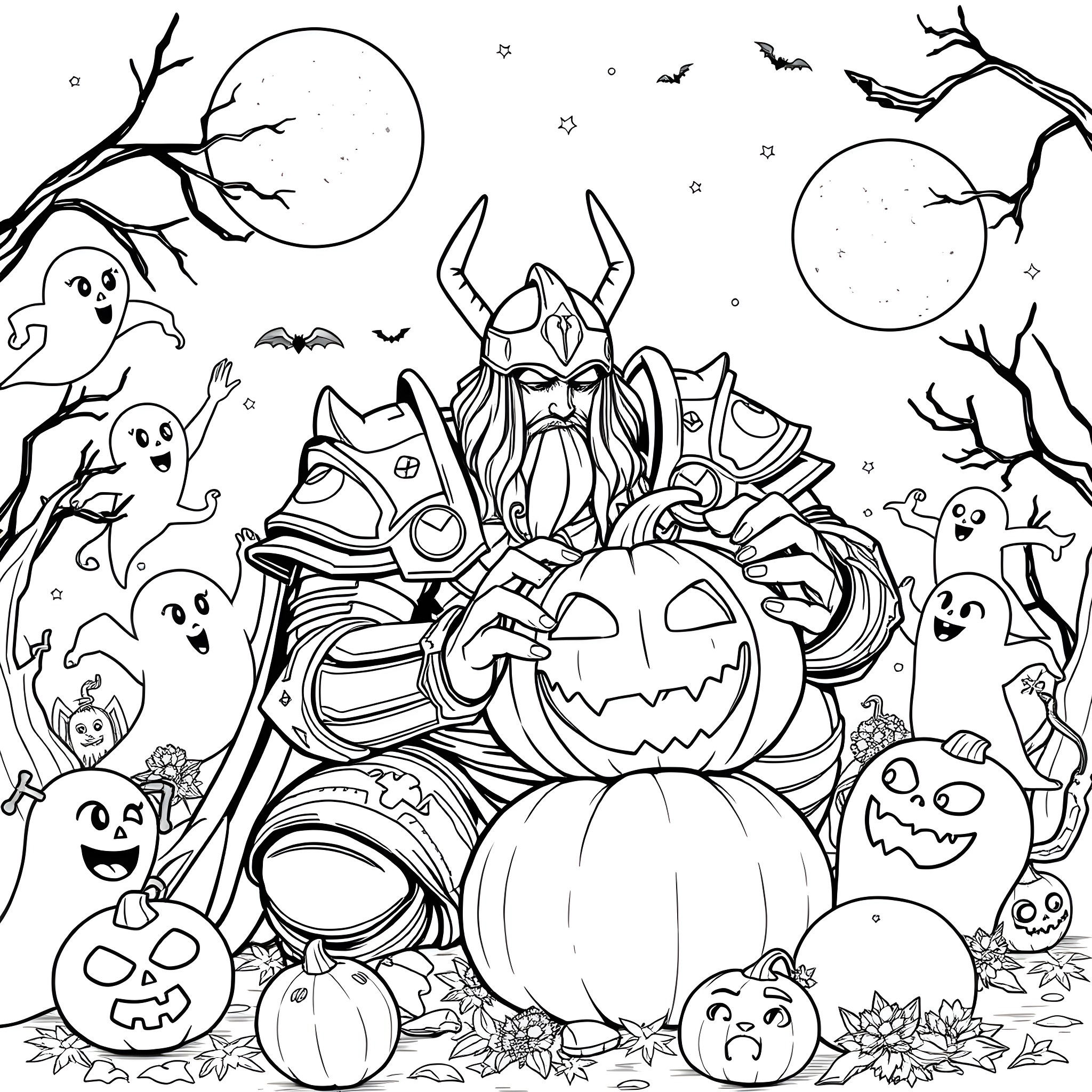 Arthus's Halloween Night with Spooky Creatures Coloring Page (free black-and-white line drawing printable PDF for all, from beginners to advanced learners, including children, teens, adults, and seniors)