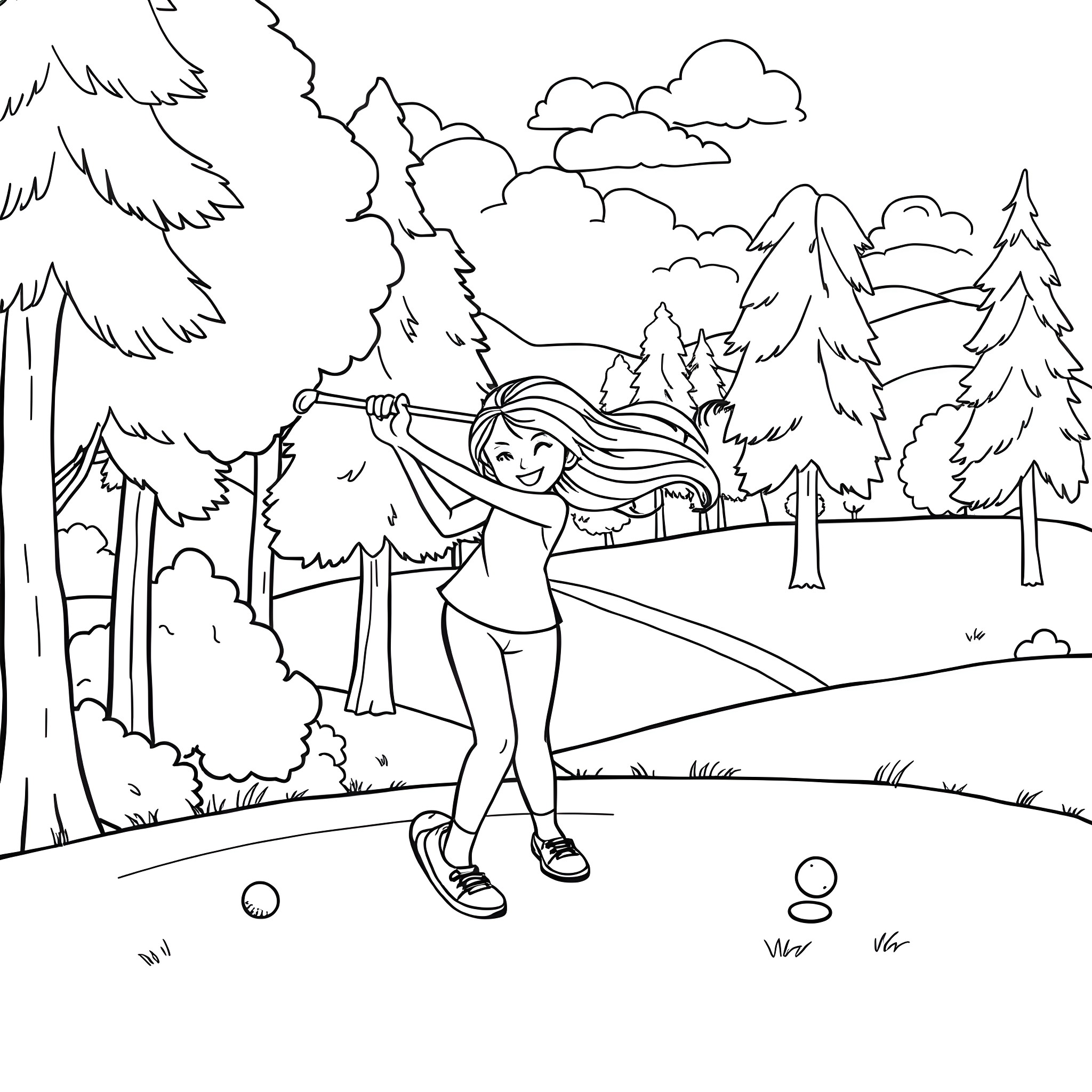 Waifu Hiking Through Picturesque Forest Landscape Coloring Page (free black-and-white line drawing printable PDF for all, from beginners to advanced learners, including children, teens, adults, and seniors)