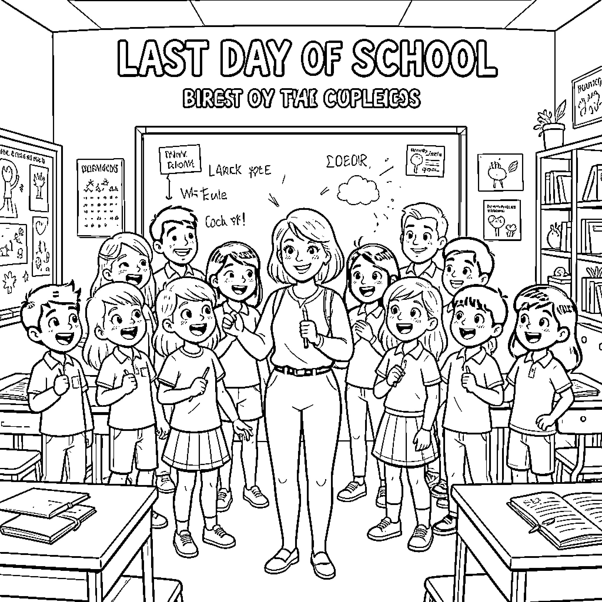 Teacher smiling with happy students in a classroom Coloring Page (free black-and-white line drawing printable PDF for all, from beginners to advanced learners, including children, teens, adults, and seniors)