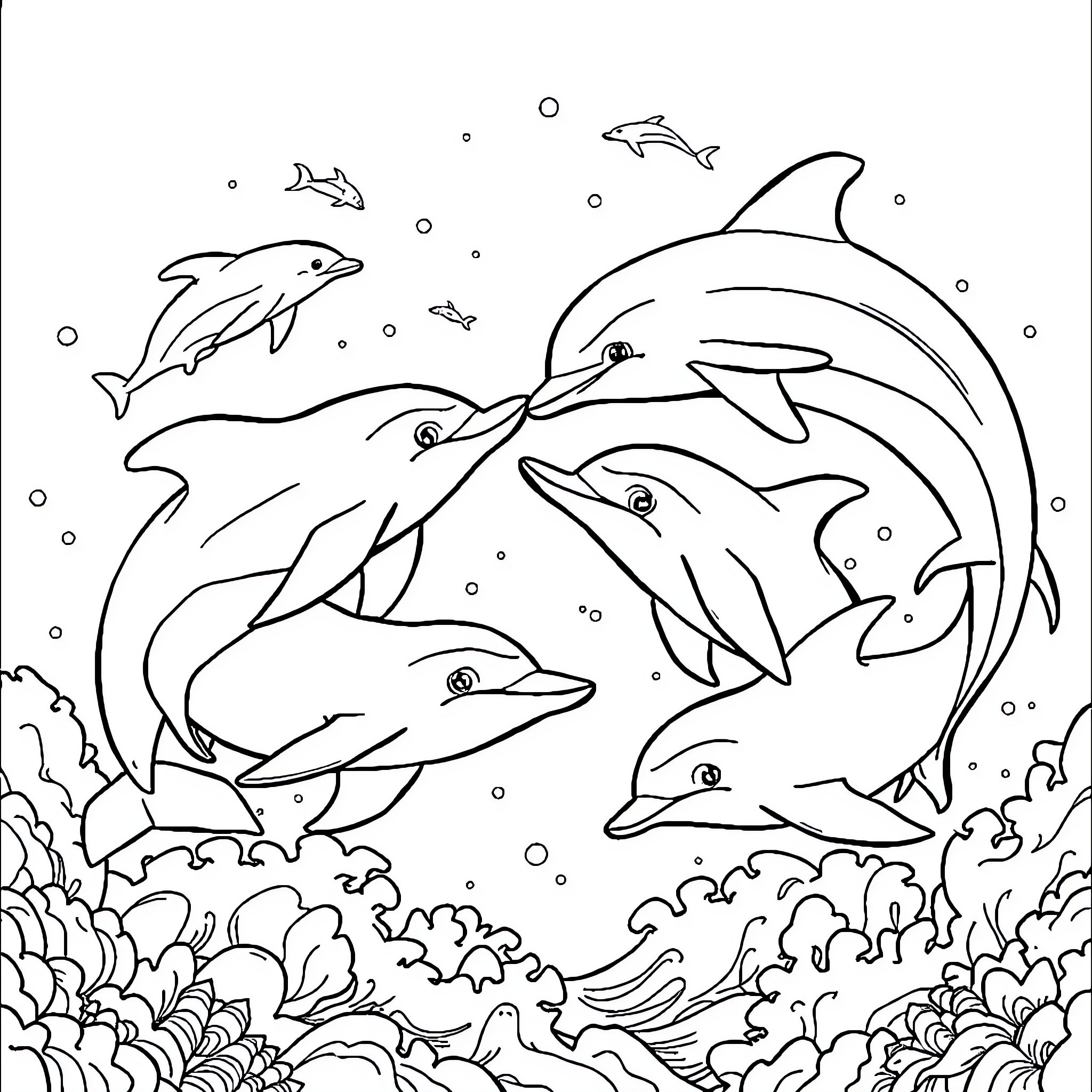Dolphins swimming playfully in the ocean Coloring Page (free black-and-white line drawing printable PDF for all, from beginners to advanced learners, including children, teens, adults, and seniors)