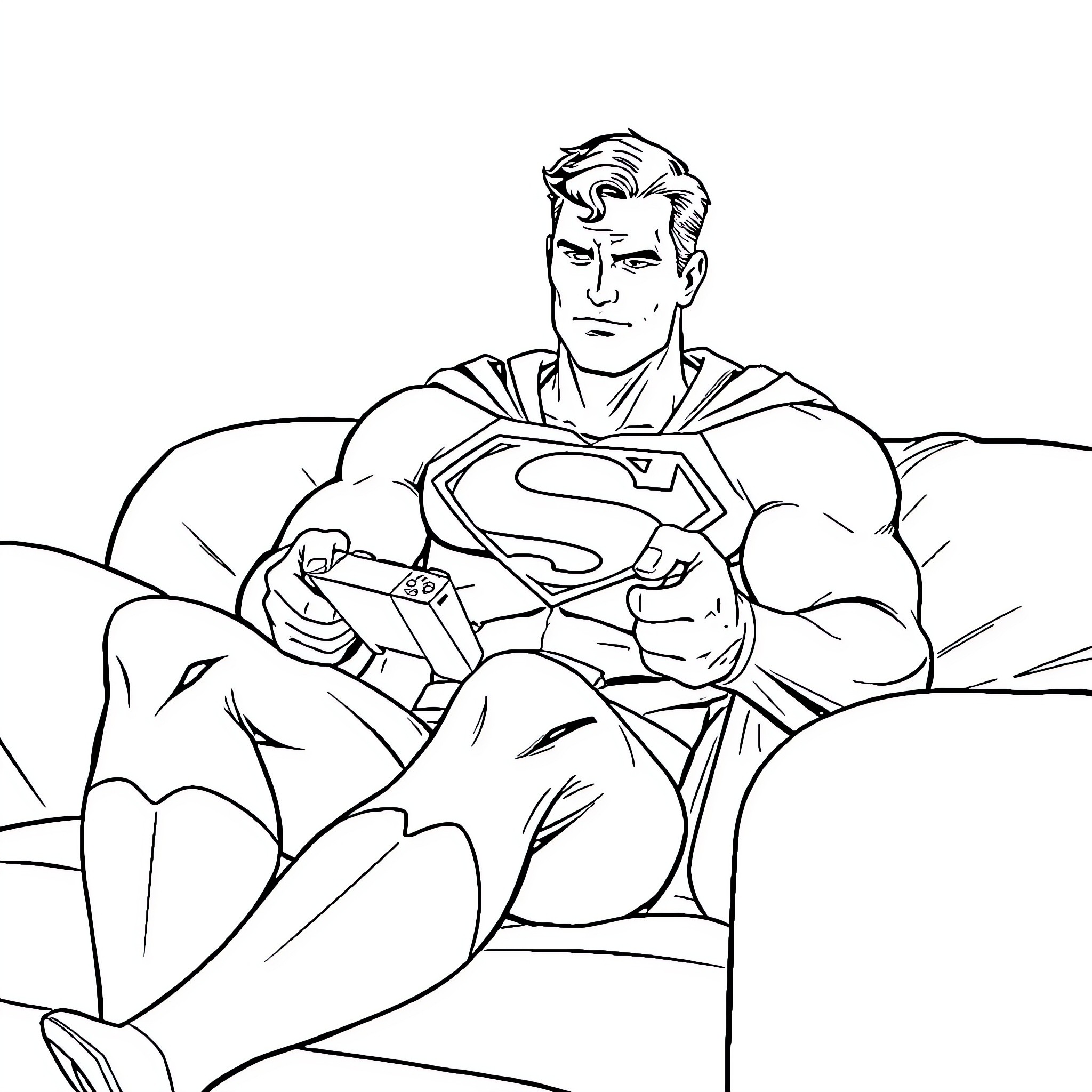 Superman resting in a contemplative pose Coloring Page (free black-and-white line drawing printable PDF for all, from beginners to advanced learners, including children, teens, adults, and seniors)