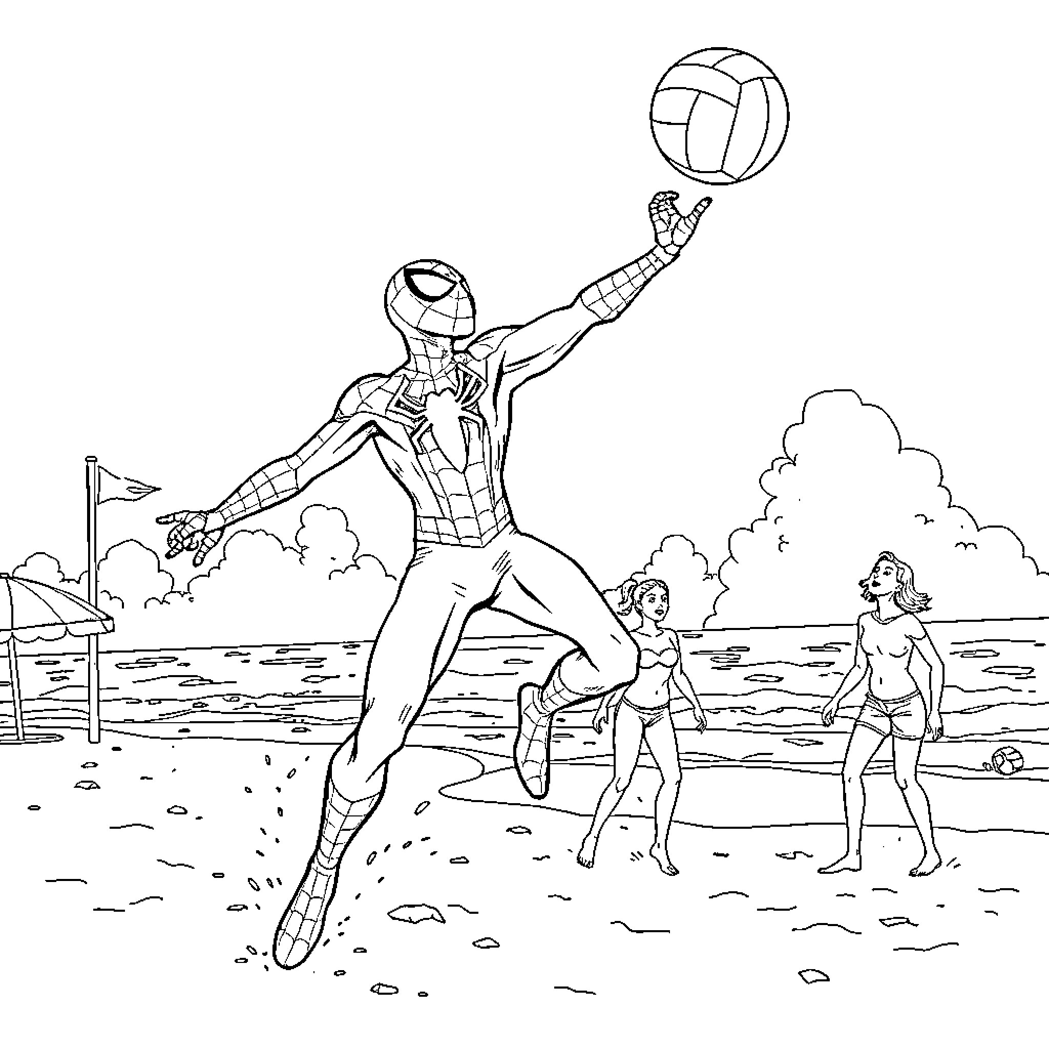Spiderman playing volleyball with beachgoers Coloring Page (free black-and-white line drawing printable PDF for all, from beginners to advanced learners, including children, teens, adults, and seniors)