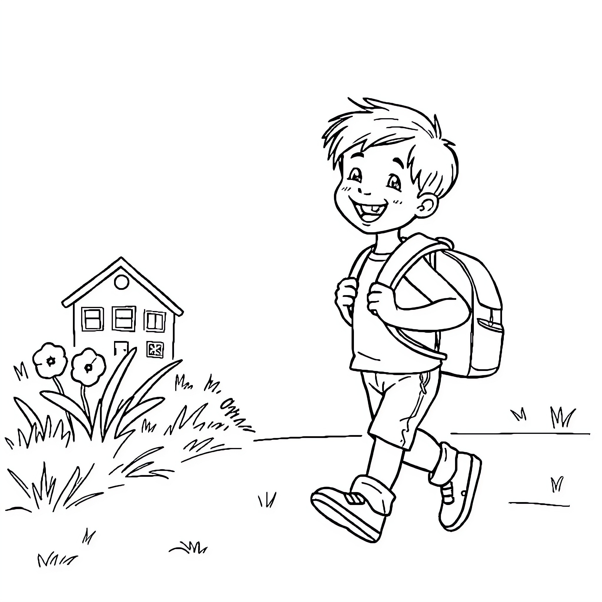Child happily walking to school with backpack Coloring Page (free black-and-white line drawing printable PDF for all, from beginners to advanced learners, including children, teens, adults, and seniors)