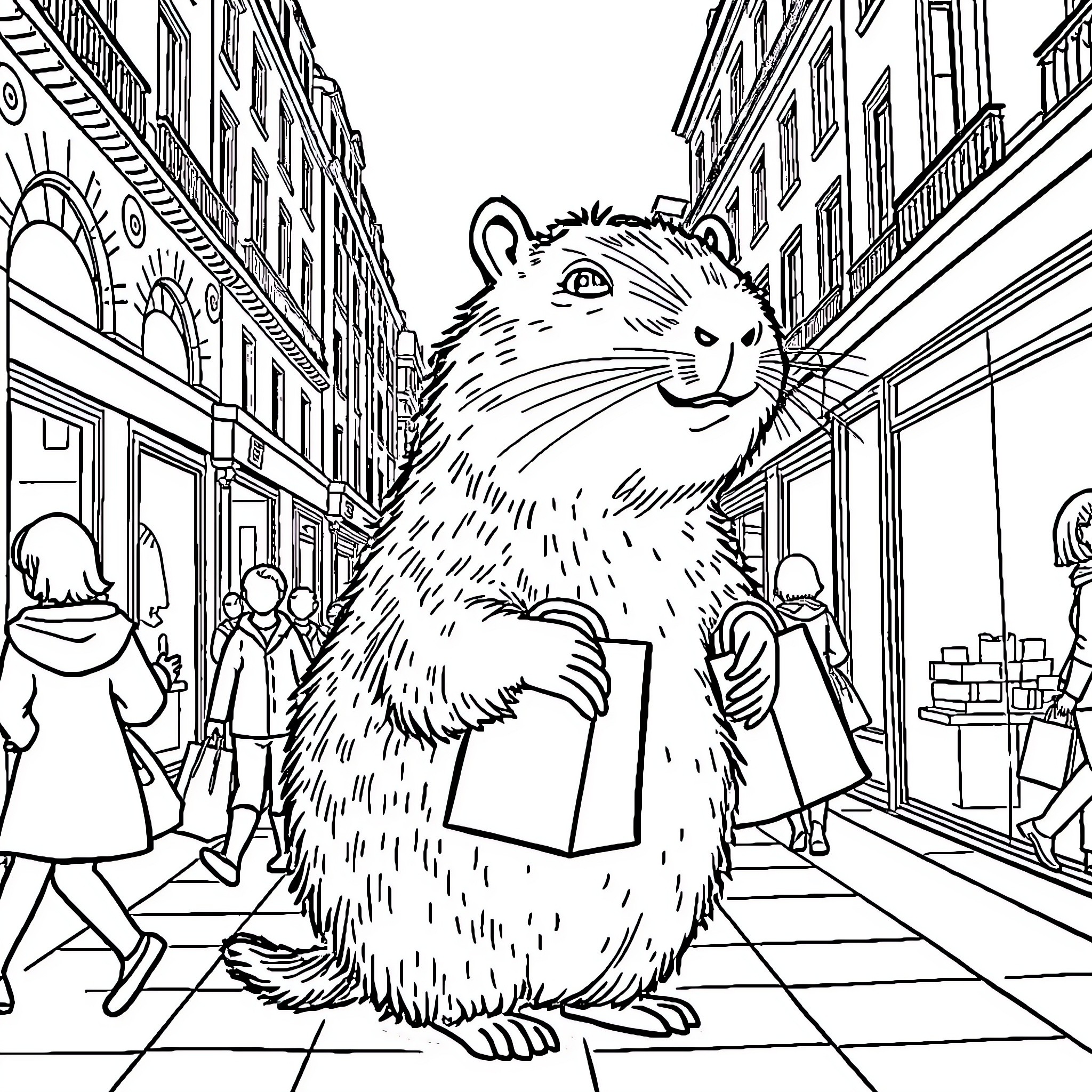 Capybara exploring a bustling city street Coloring Page (free black-and-white line drawing printable PDF for all, from beginners to advanced learners, including children, teens, adults, and seniors)