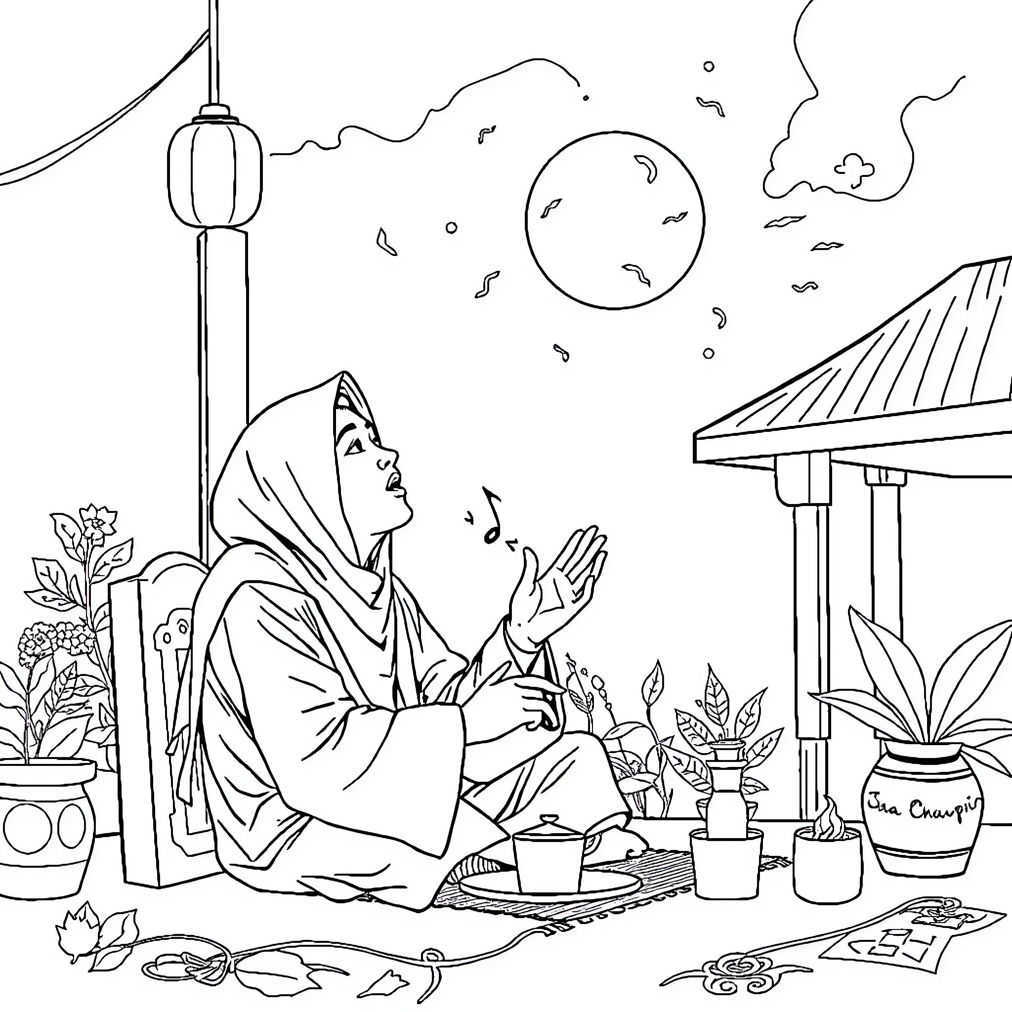 Tung Tung's Tranquil Garden Retreat Coloring Page (free black-and-white line drawing printable PDF for all, from beginners to advanced learners, including children, teens, adults, and seniors)
