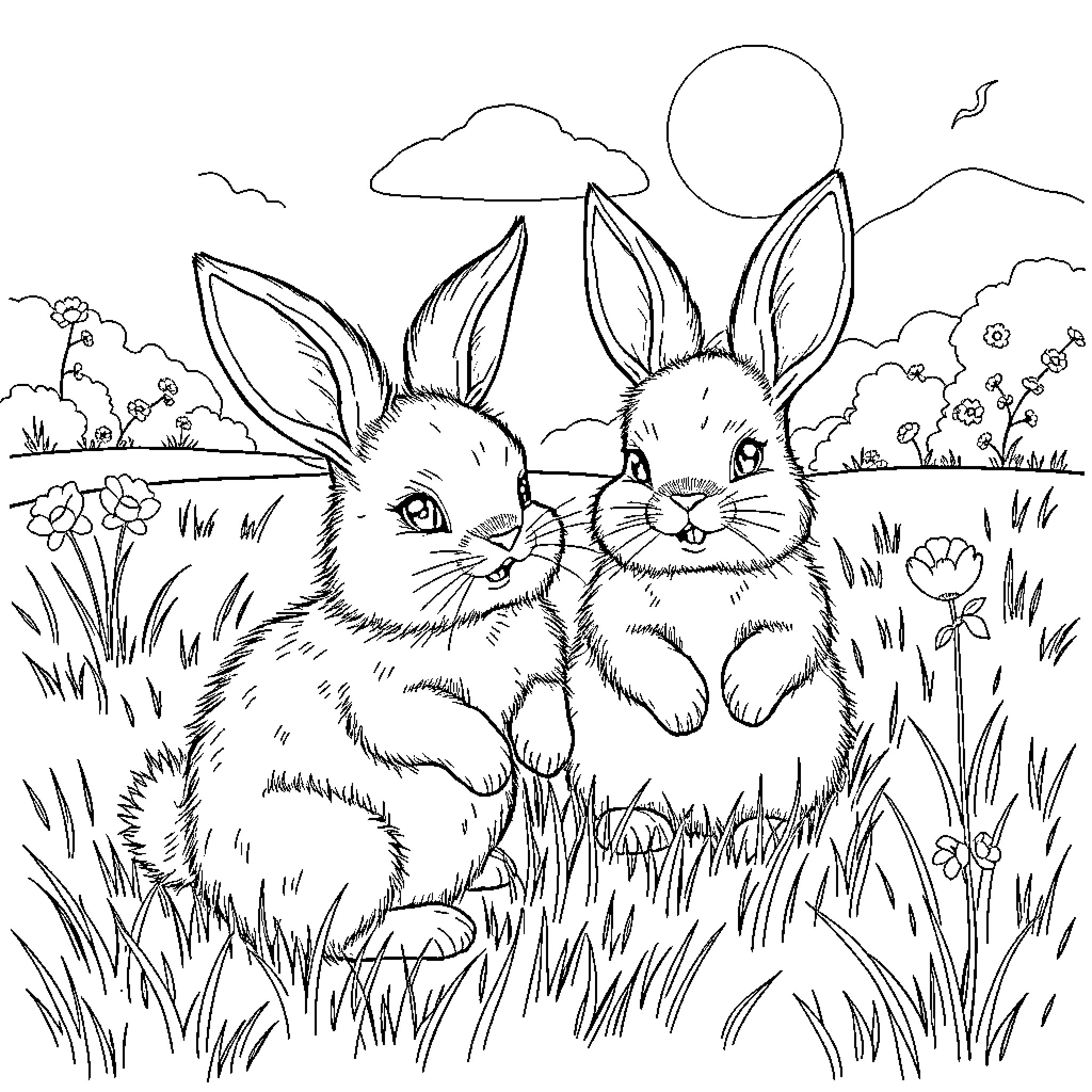 Bunny companions in a tranquil field Coloring Page (free black-and-white line drawing printable PDF for all, from beginners to advanced learners, including children, teens, adults, and seniors)