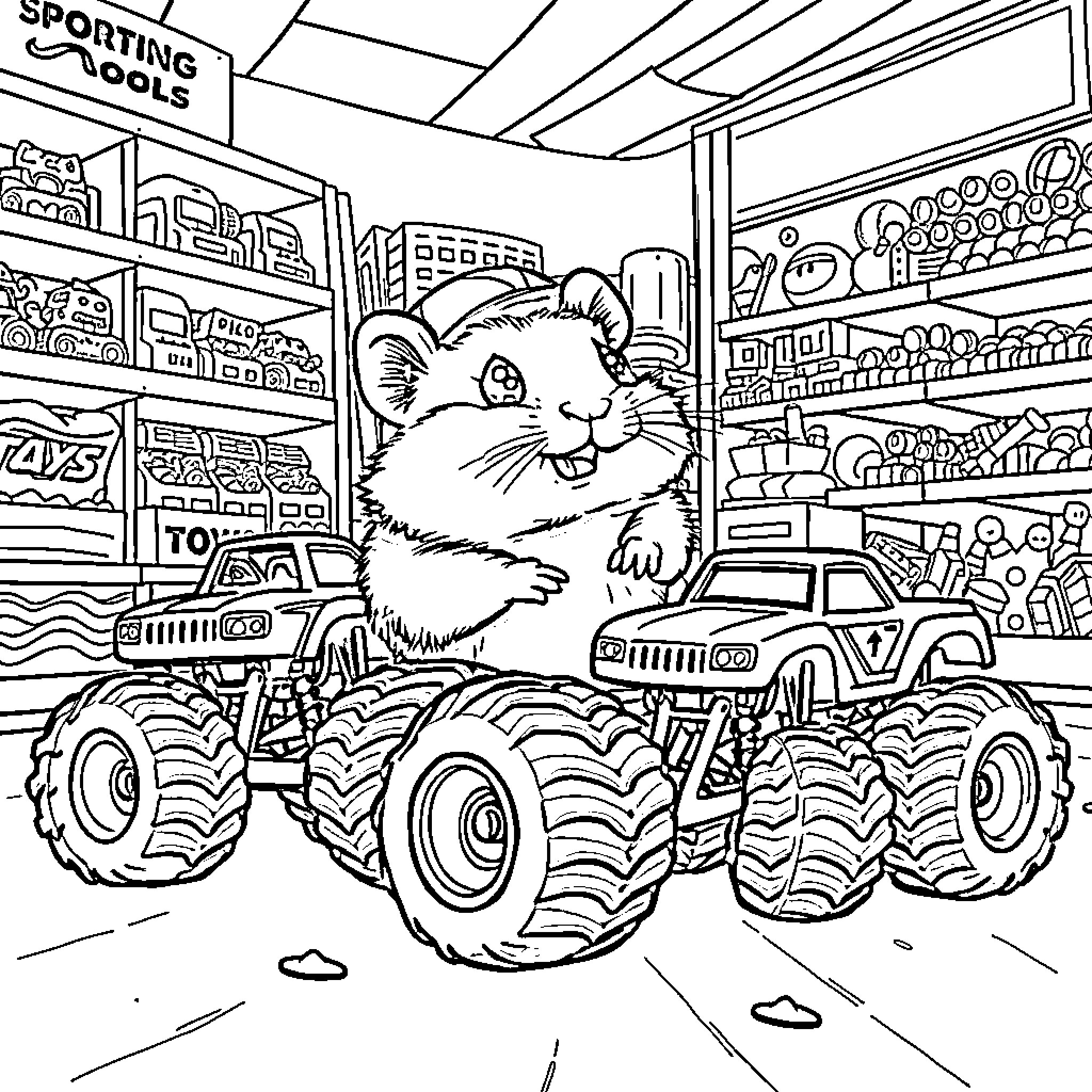 Hamster riding a monster truck in a sporting goods store Coloring Page (free black-and-white line drawing printable PDF for all, from beginners to advanced learners, including children, teens, adults, and seniors)