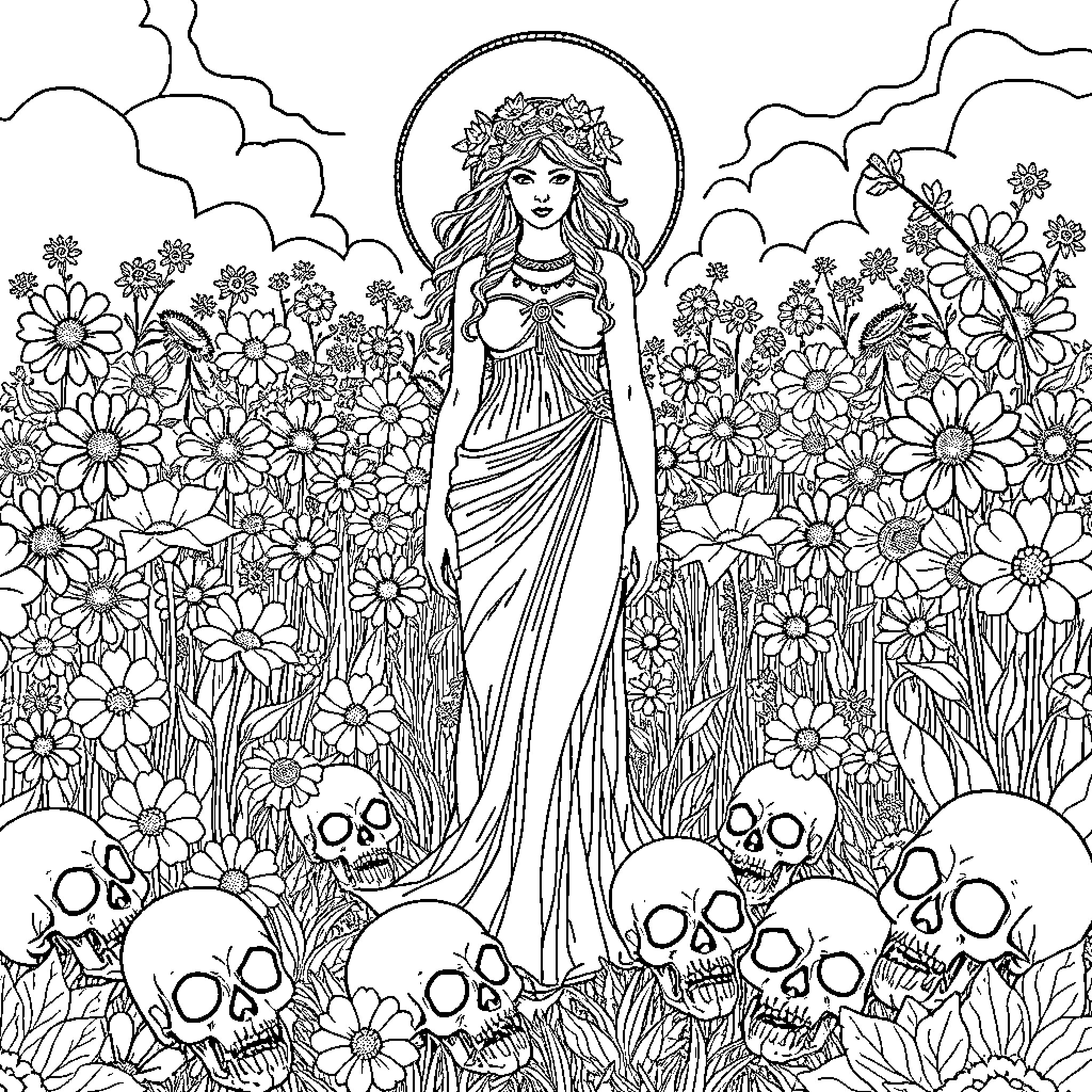 Persephone amidst a field of vibrant blooms Coloring Page (free black-and-white line drawing printable PDF for all, from beginners to advanced learners, including children, teens, adults, and seniors)