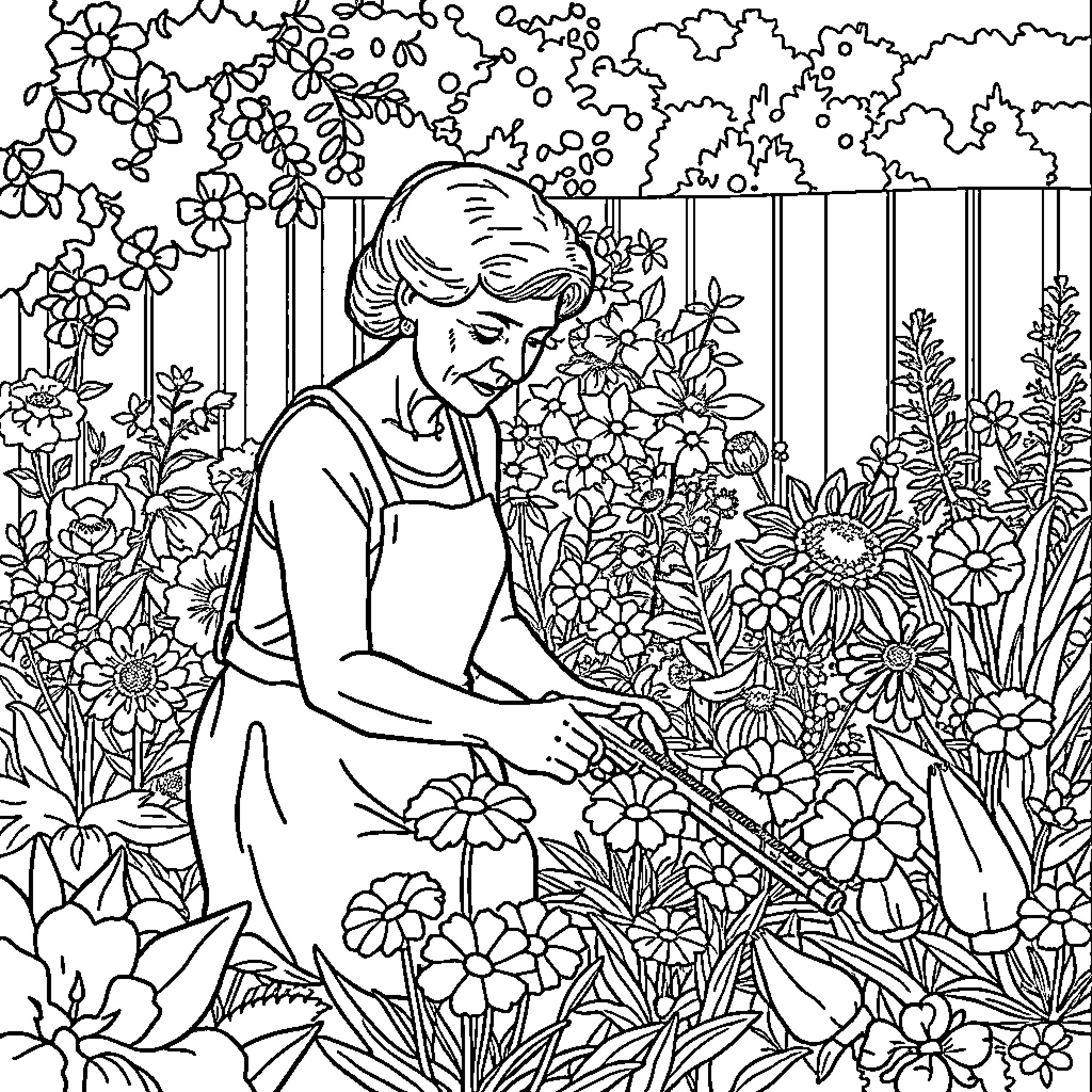 Woman tending to her flourishing garden Coloring Page (free black-and-white line drawing printable PDF for all, from beginners to advanced learners, including children, teens, adults, and seniors)