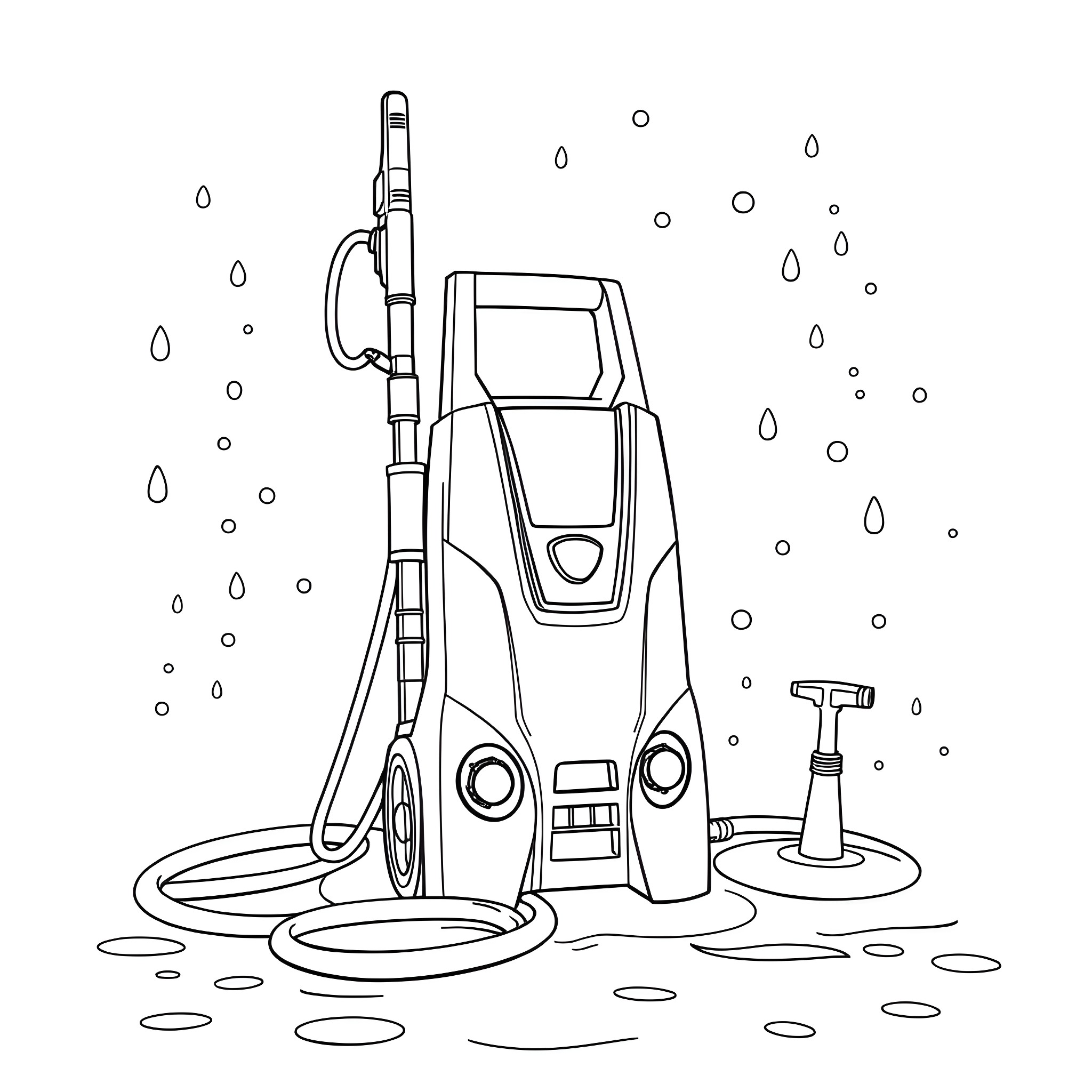 Power Washer Cleaning Up Muddy Outdoor Area Coloring Page (free black-and-white line drawing printable PDF for all, from beginners to advanced learners, including children, teens, adults, and seniors)