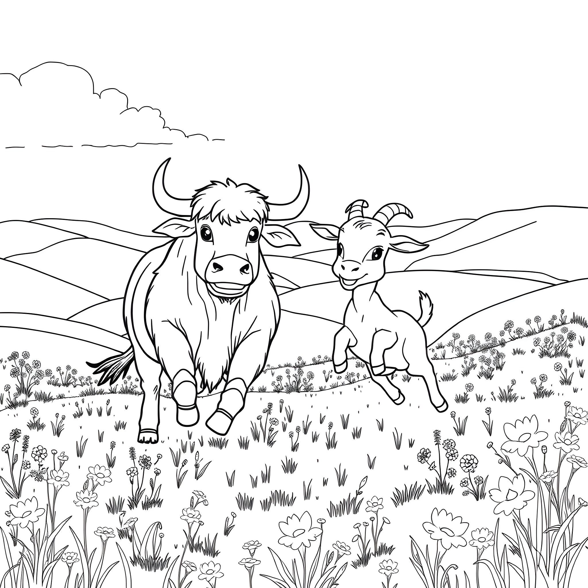 Lupe the cow and the curious goat in the meadow Coloring Page (free black-and-white line drawing printable PDF for all, from beginners to advanced learners, including children, teens, adults, and seniors)