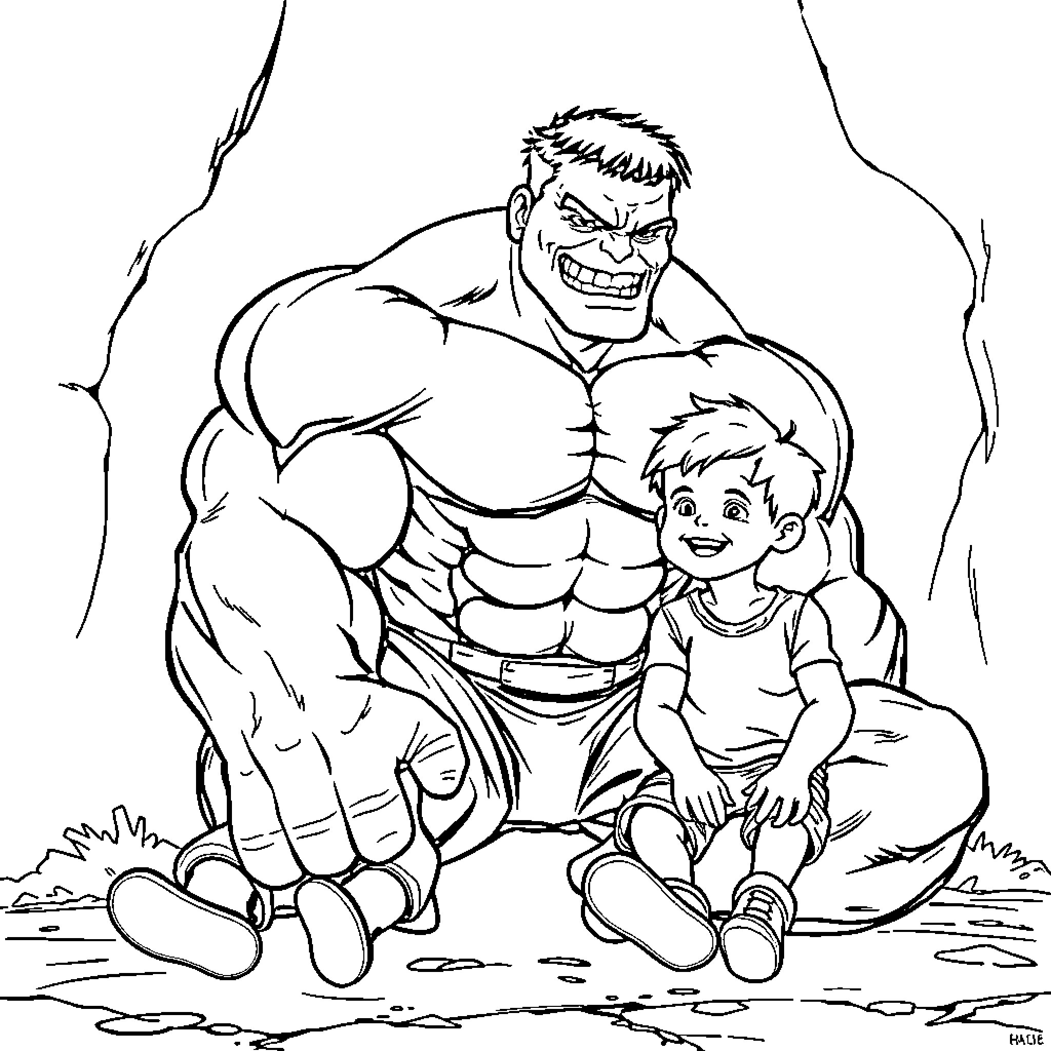 Hulk Comforts Young Boy in Outdoors Scene Coloring Page (free black-and-white line drawing printable PDF for all, from beginners to advanced learners, including children, teens, adults, and seniors)