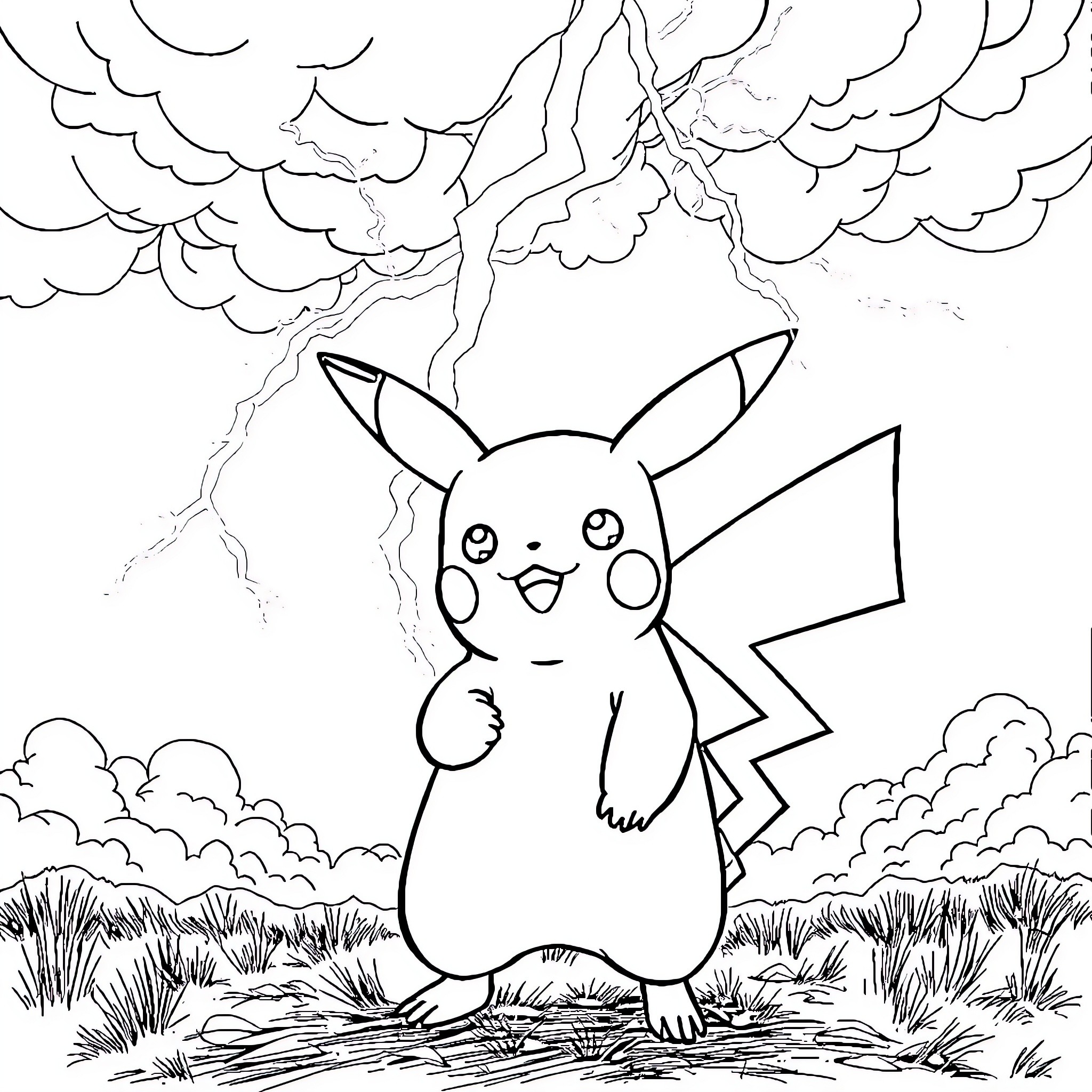 Pikachu weathering the storm Coloring Page (free black-and-white line drawing printable PDF for all, from beginners to advanced learners, including children, teens, adults, and seniors)