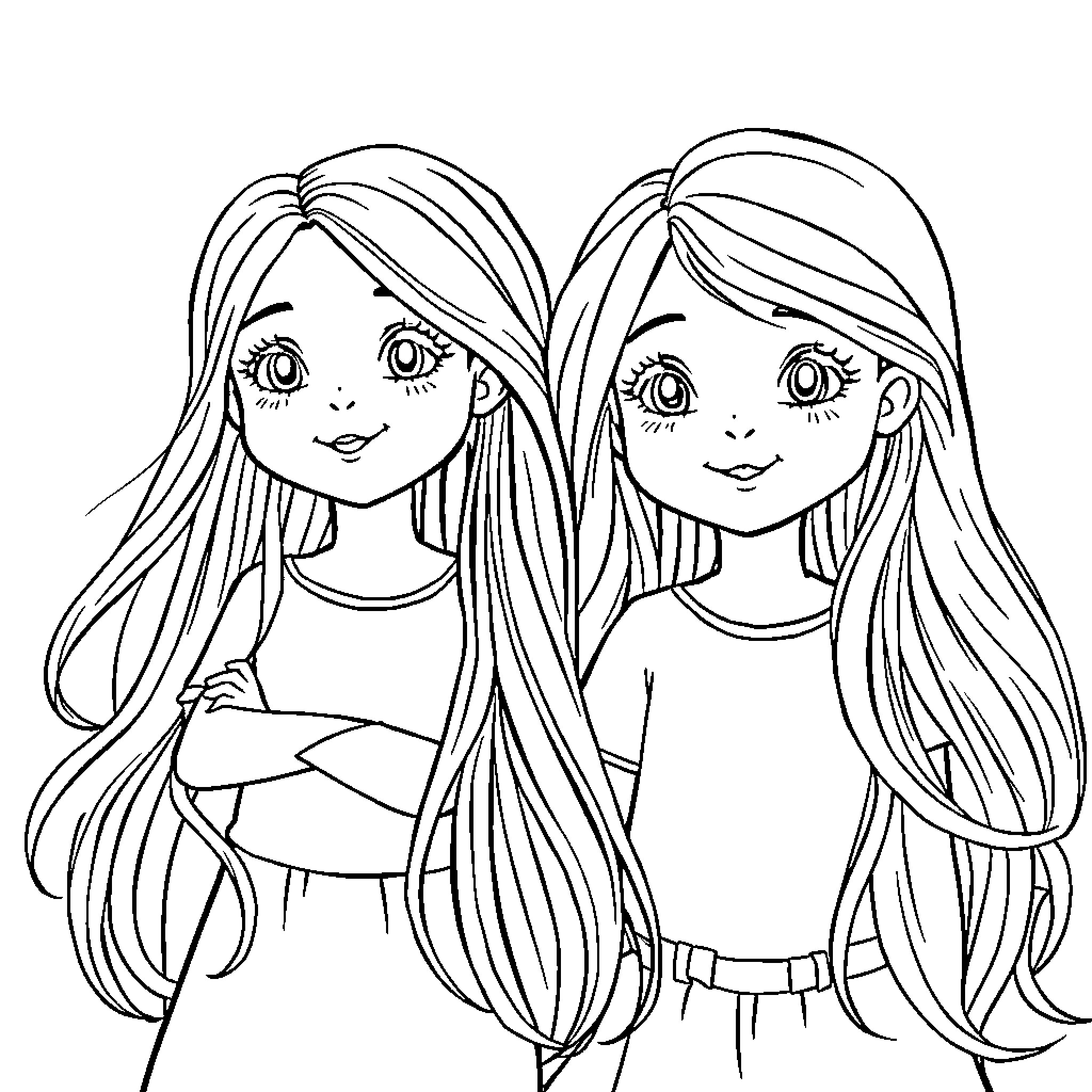 Girls with long flowing hair enjoying carefree expressions Coloring Page (free black-and-white line drawing printable PDF for all, from beginners to advanced learners, including children, teens, adults, and seniors)