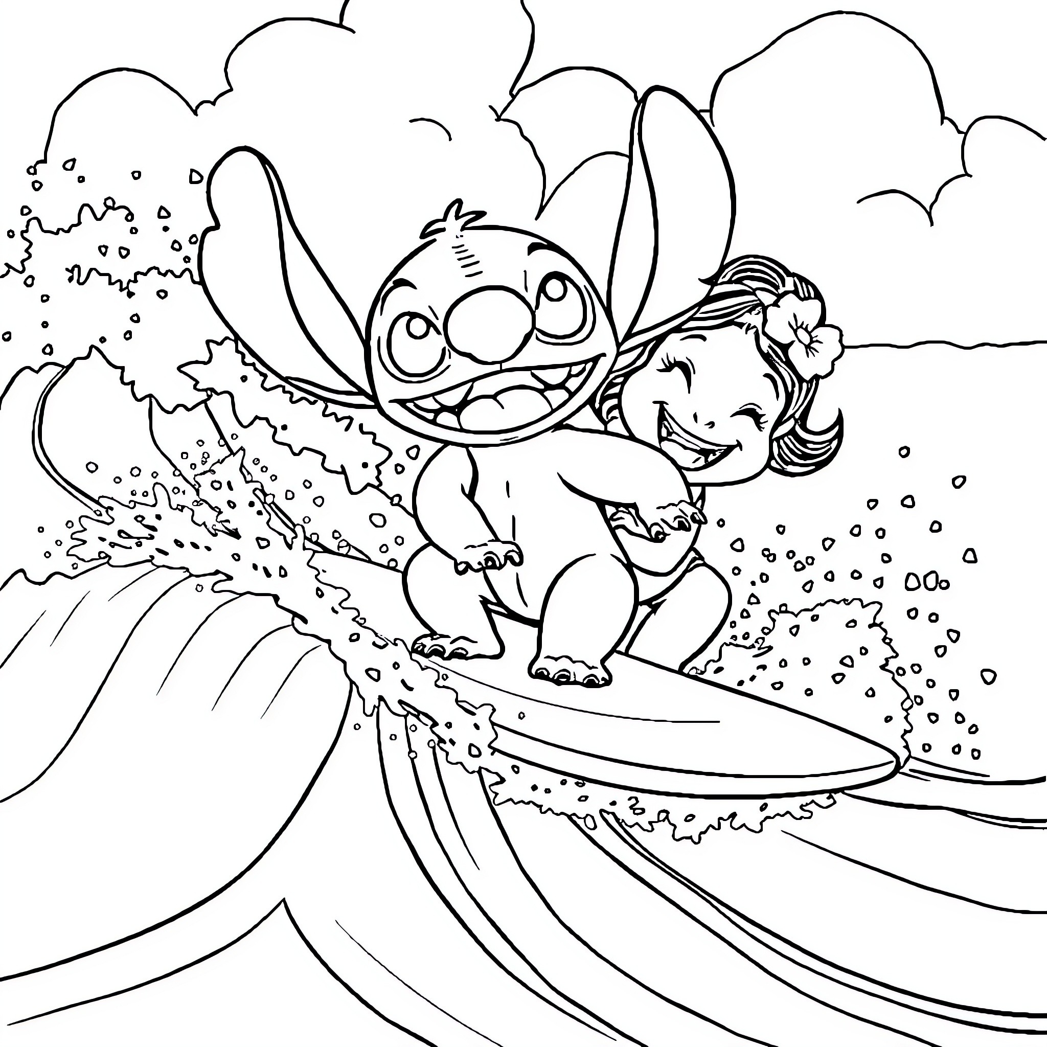 Stitch surfing joyfully with a girl Coloring Page (free black-and-white line drawing printable PDF for all, from beginners to advanced learners, including children, teens, adults, and seniors)