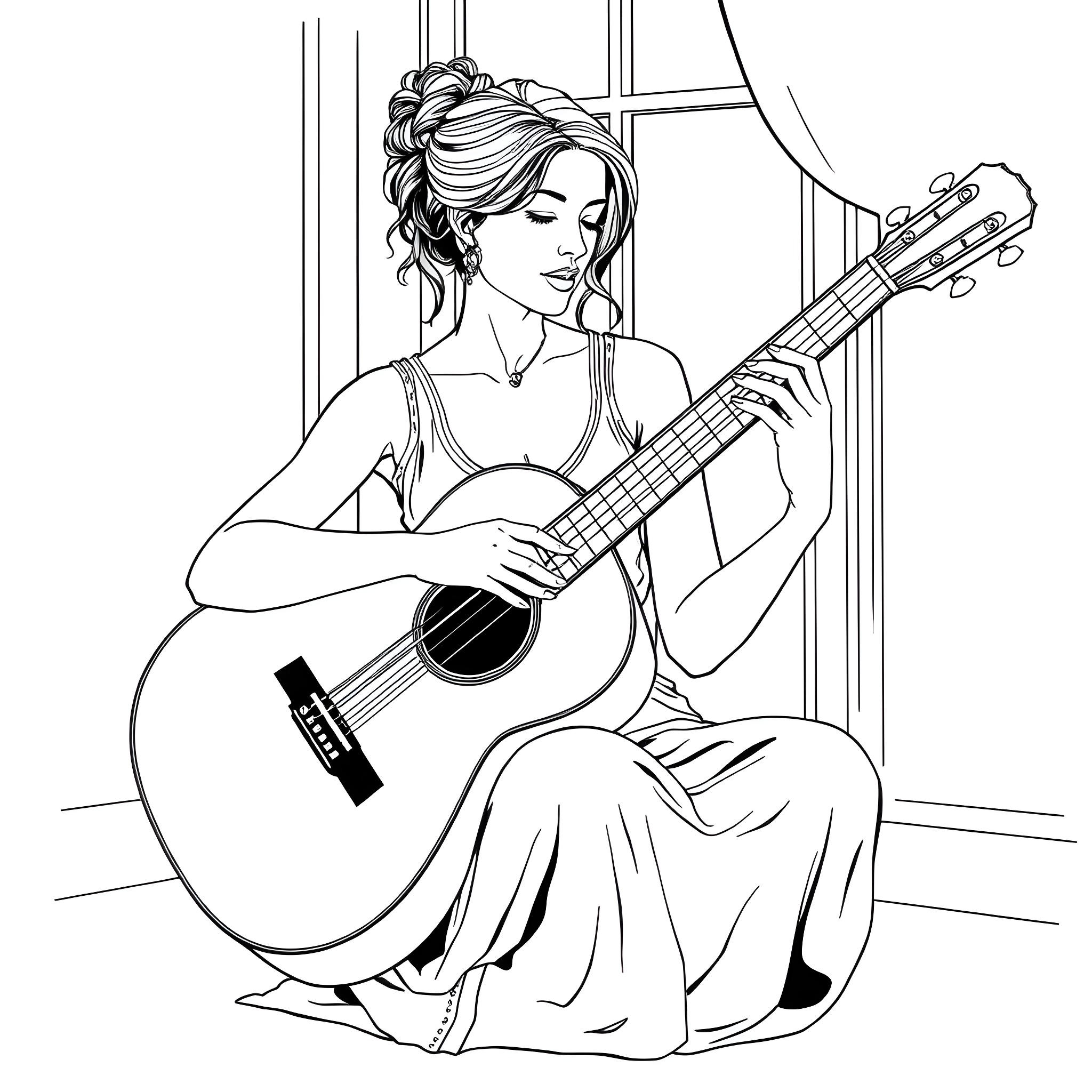 Woman playing guitar near the window Coloring Page (free black-and-white line drawing printable PDF for all, from beginners to advanced learners, including children, teens, adults, and seniors)