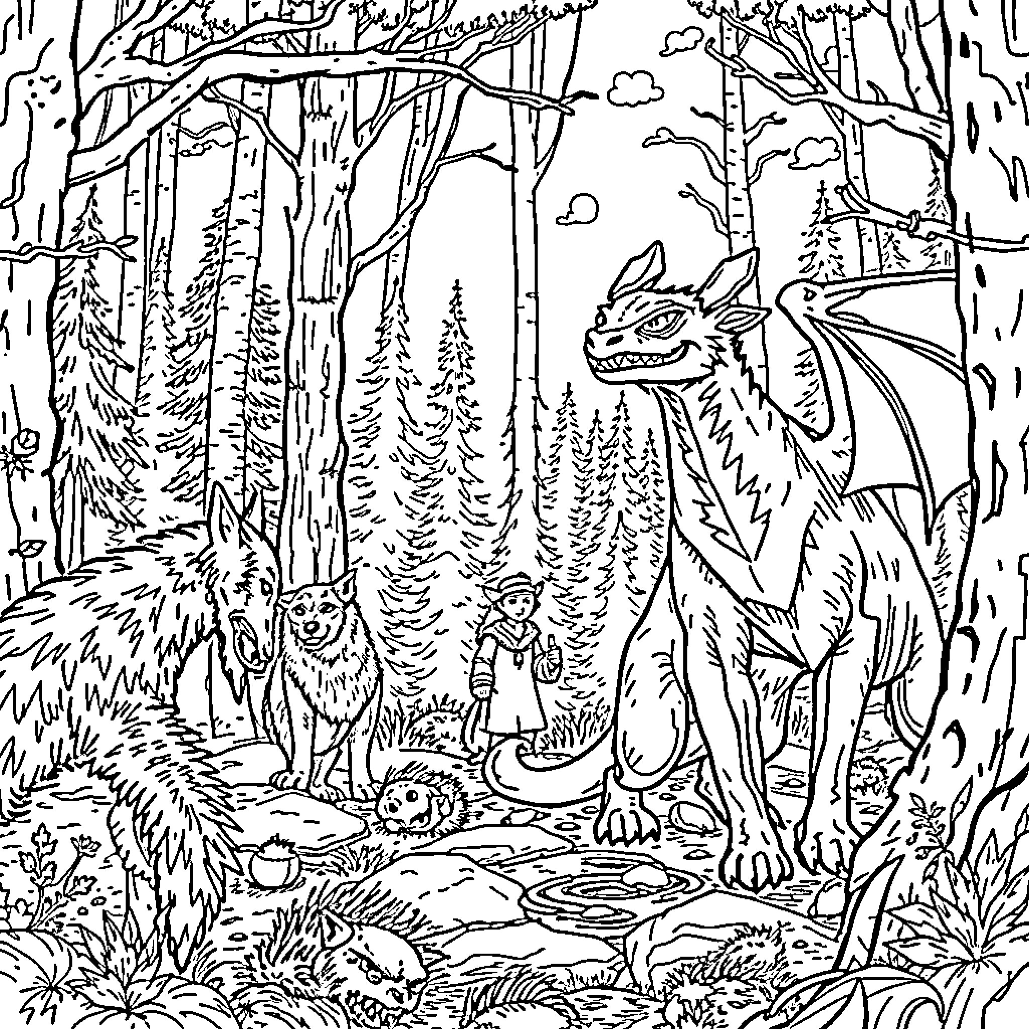 Dragon soaring through enchanted forest landscape Coloring Page (free black-and-white line drawing printable PDF for all, from beginners to advanced learners, including children, teens, adults, and seniors)