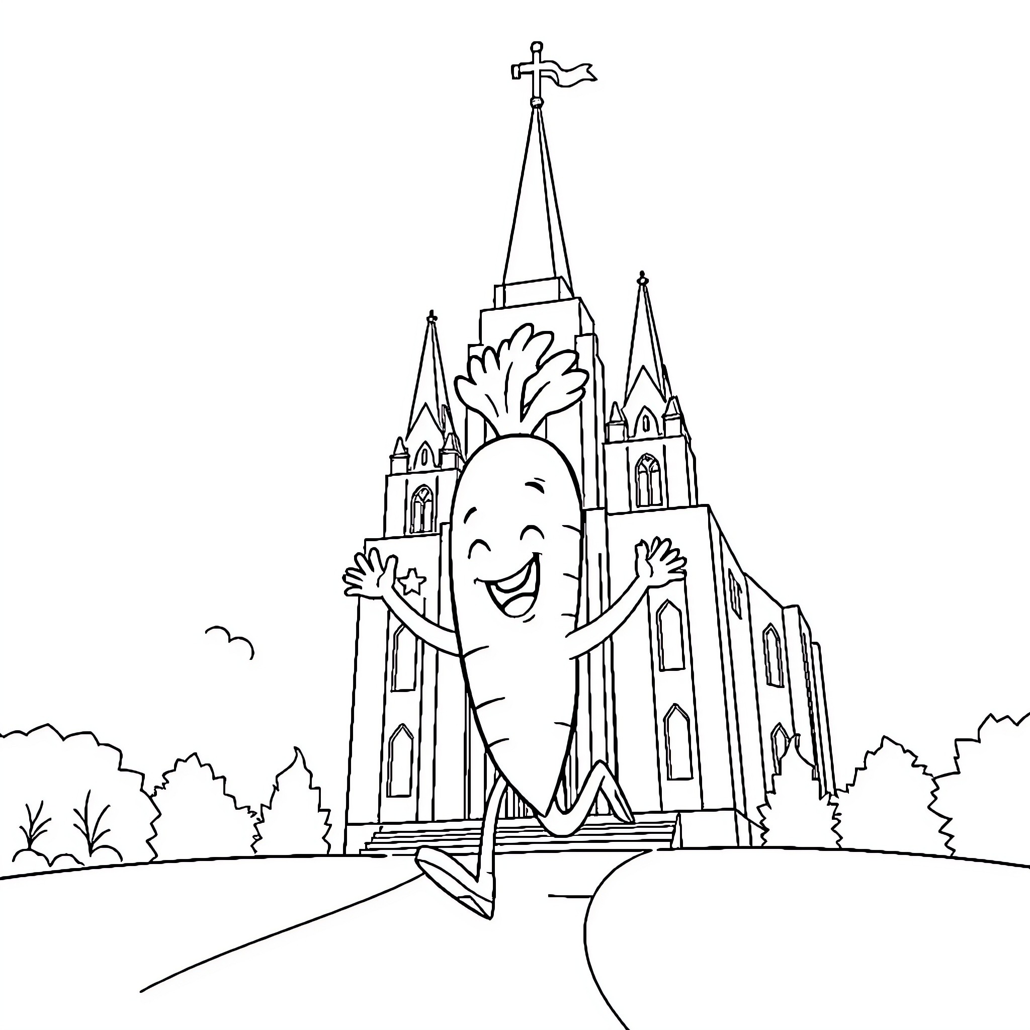 Carrot character waving happily in front of a castle Coloring Page (free black-and-white line drawing printable PDF for all, from beginners to advanced learners, including children, teens, adults, and seniors)
