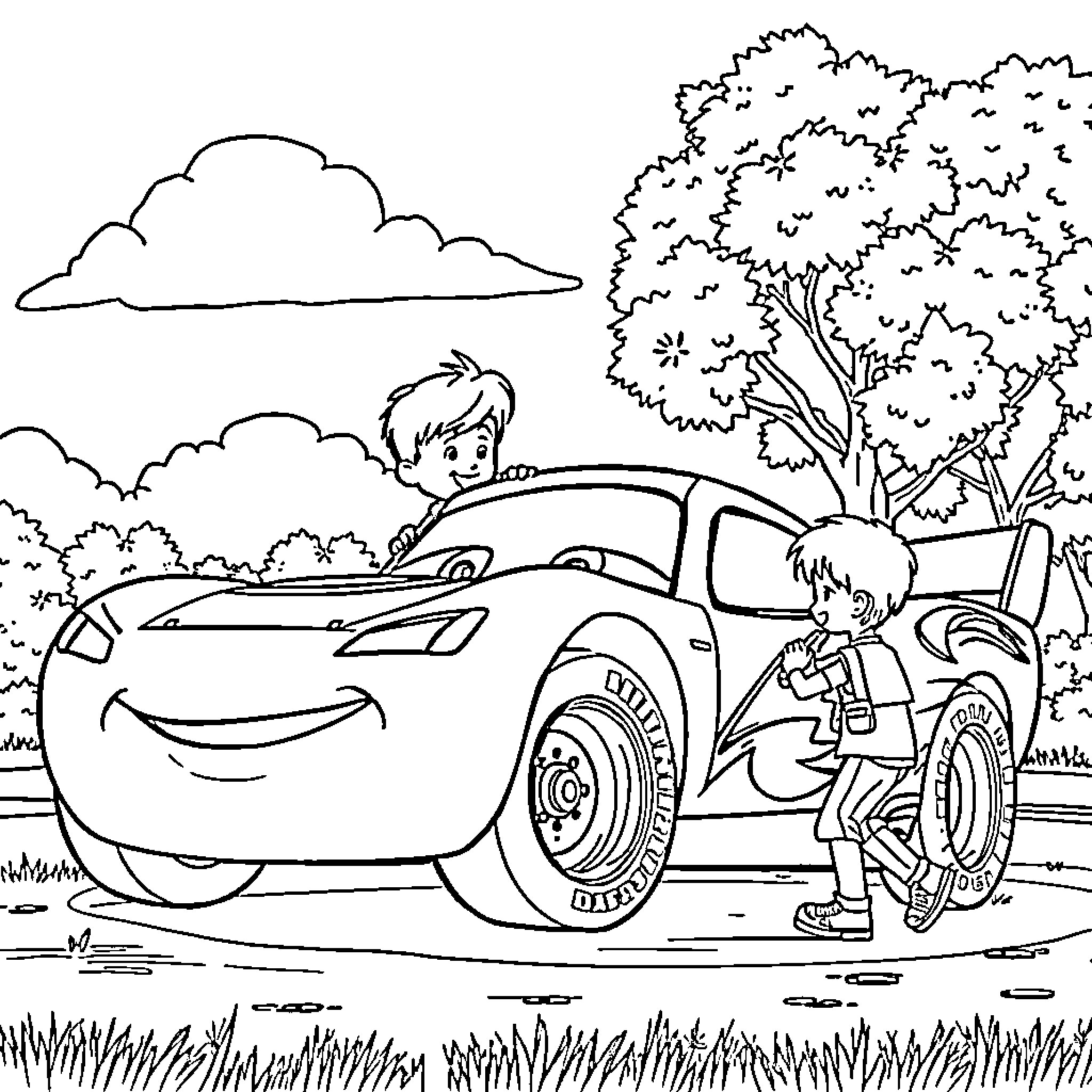 Rayo McQueen goes on an adventure with friends Coloring Page (free black-and-white line drawing printable PDF for all, from beginners to advanced learners, including children, teens, adults, and seniors)