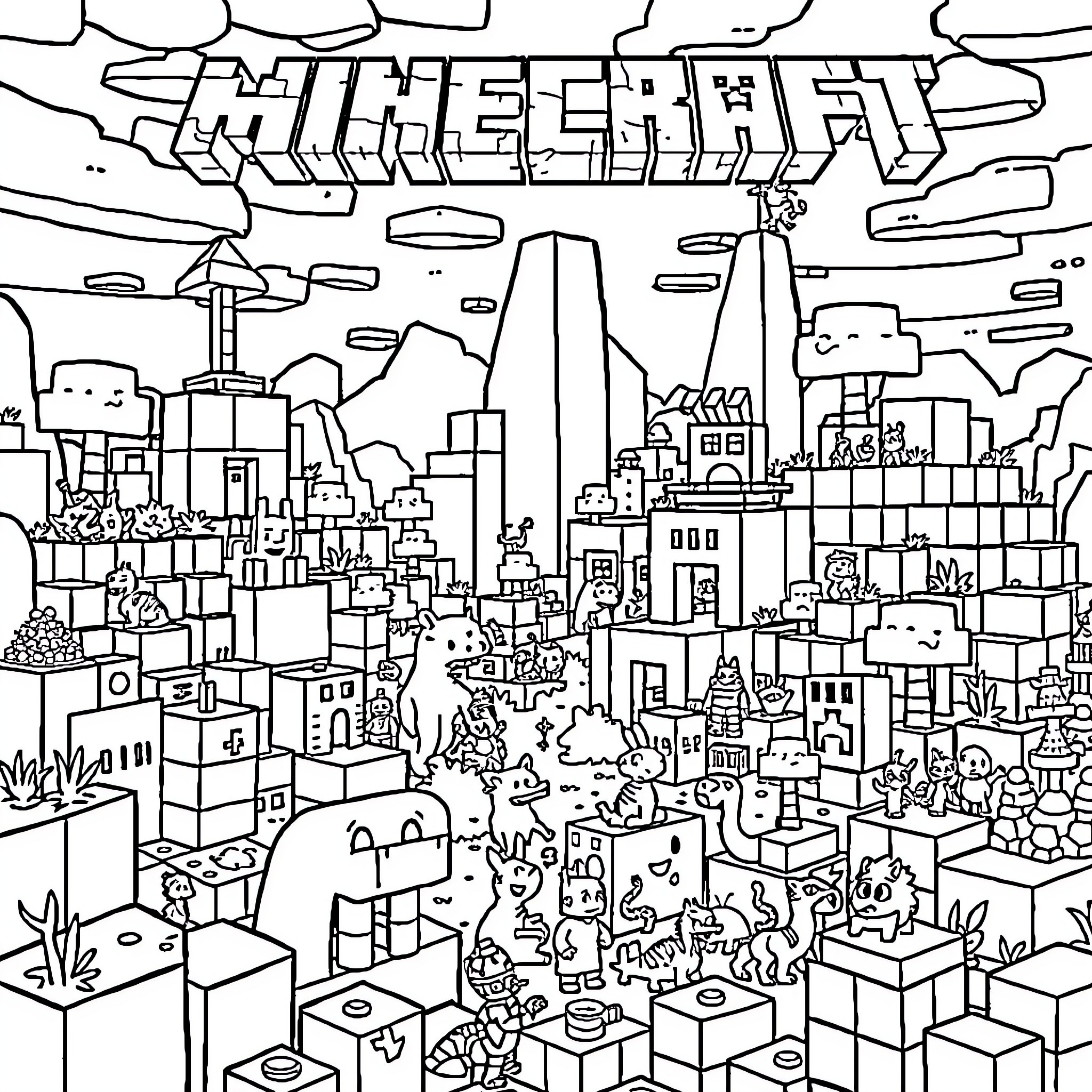 Minecraft Characters Exploring a Bustling City Coloring Page (free black-and-white line drawing printable PDF for all, from beginners to advanced learners, including children, teens, adults, and seniors)