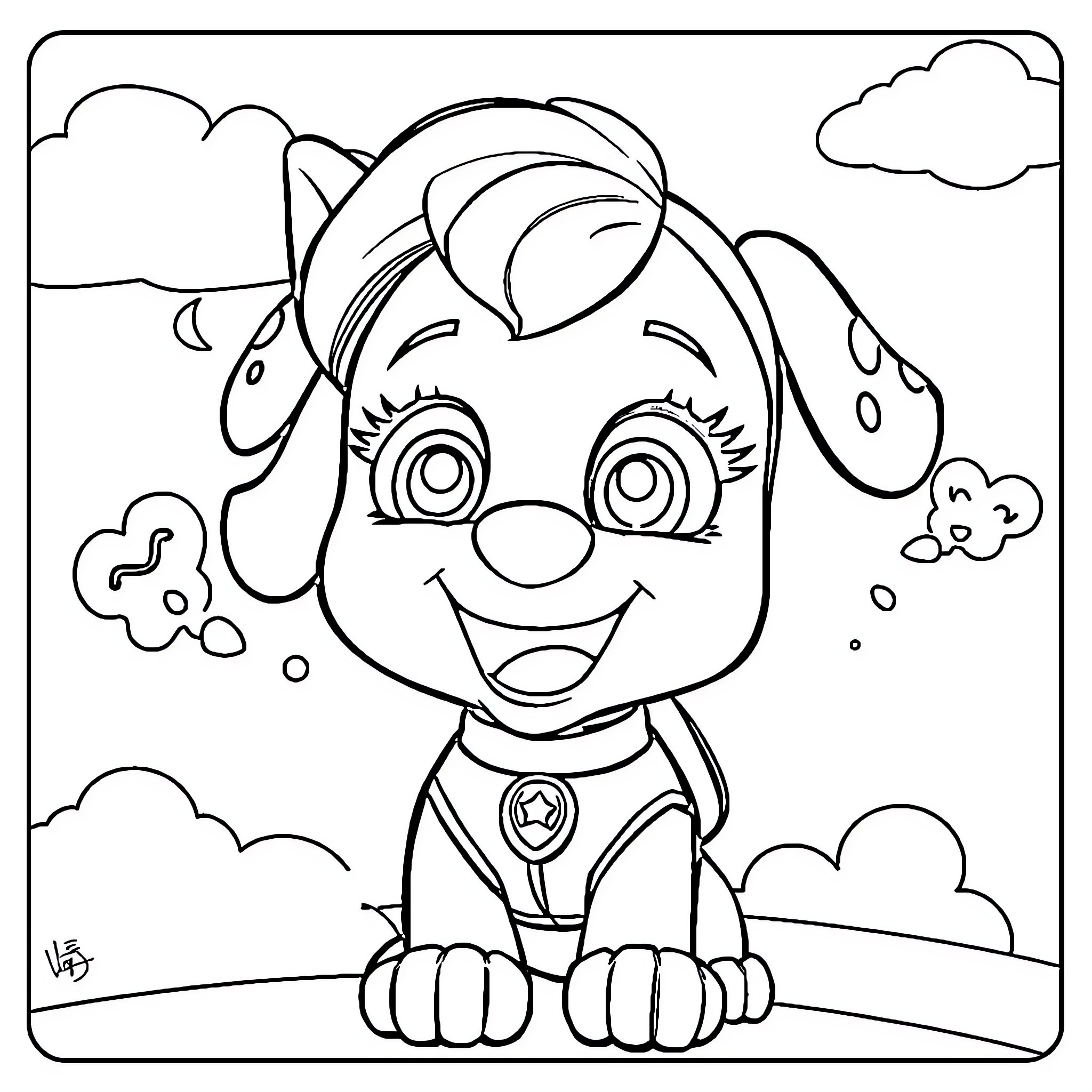 Skye the pup playing outdoors with excitement Coloring Page (free black-and-white line drawing printable PDF for all, from beginners to advanced learners, including children, teens, adults, and seniors)