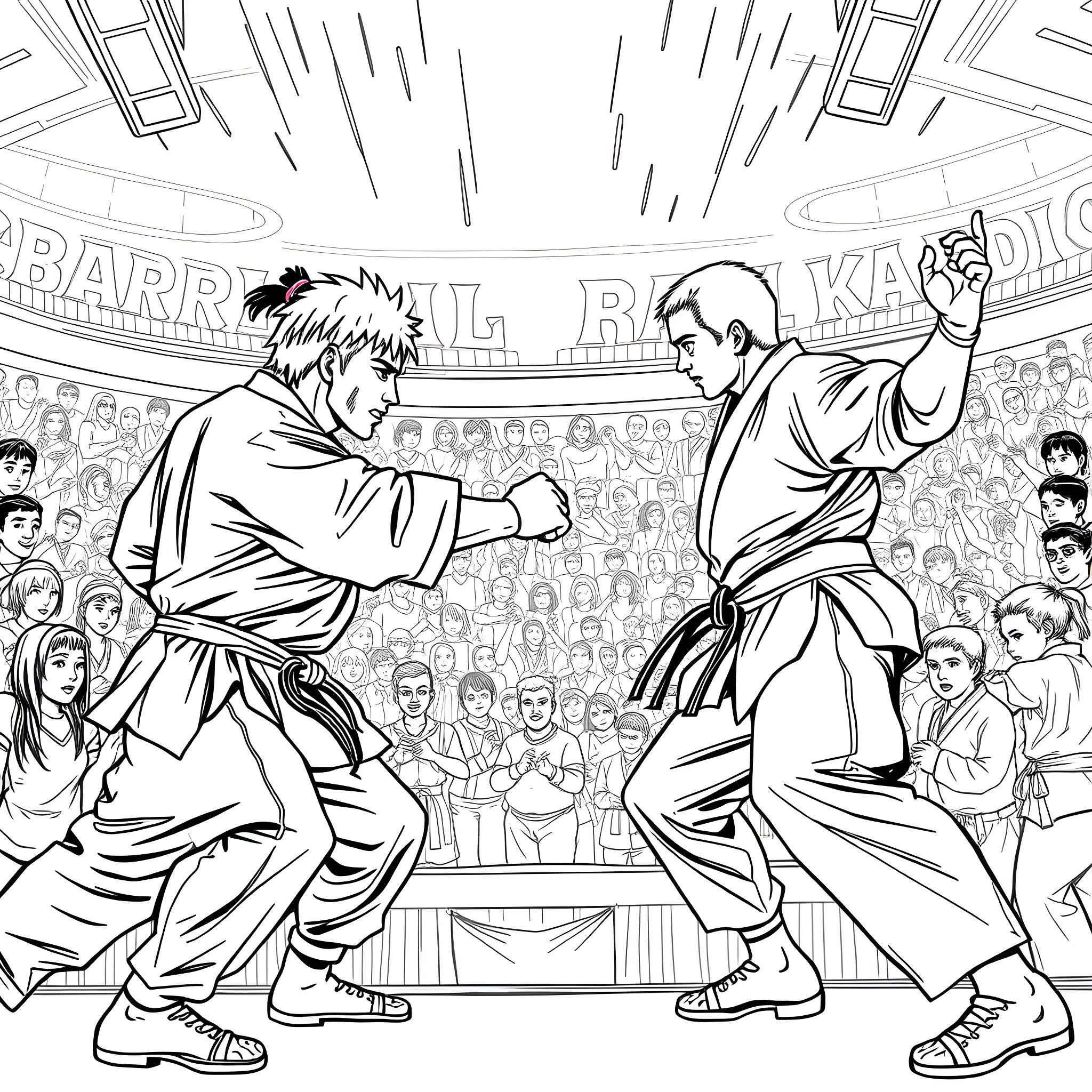 Cobra Kai: Intense Martial Arts Showdown in the Arena Coloring Page (free black-and-white line drawing printable PDF for all, from beginners to advanced learners, including children, teens, adults, and seniors)