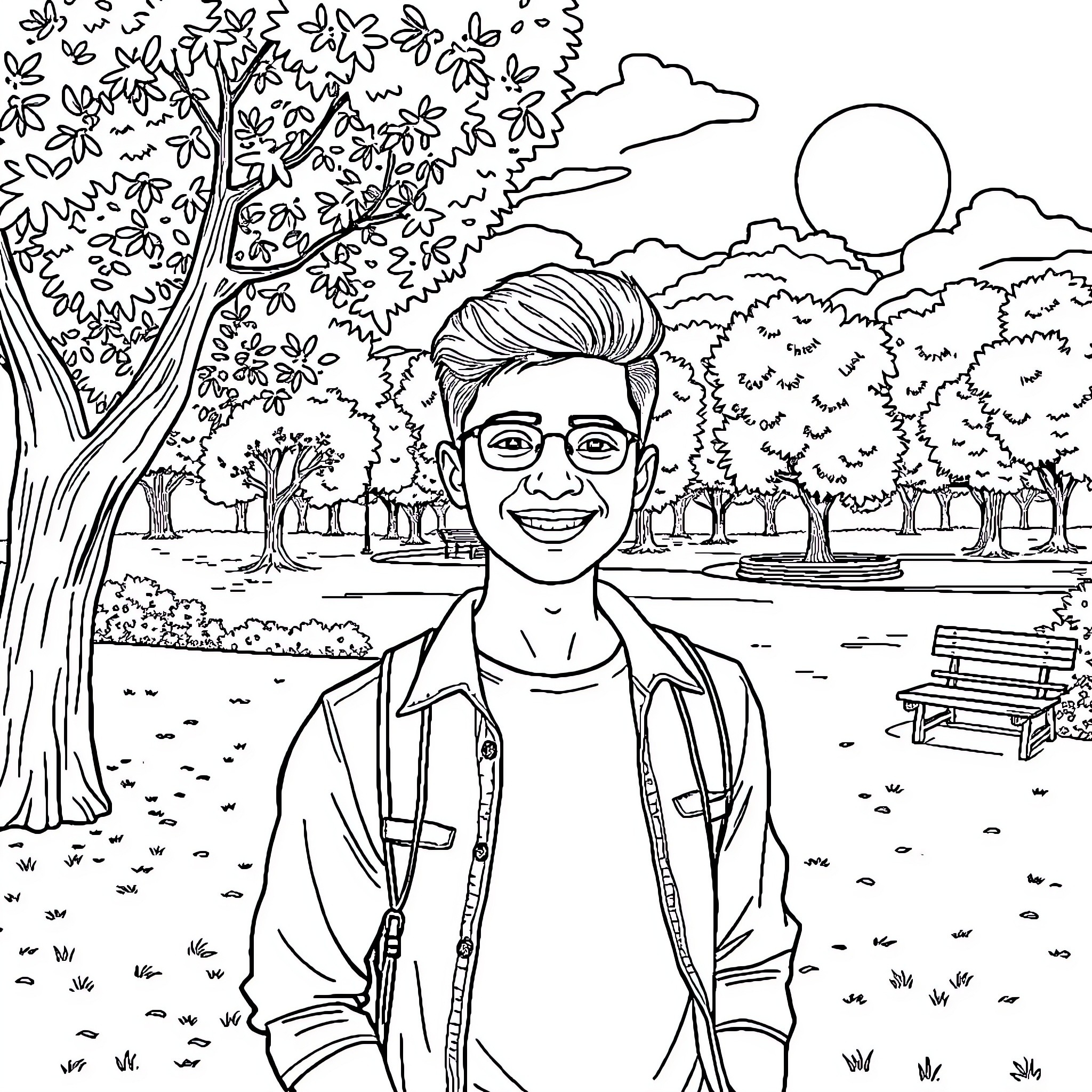 Gaurav's serene stroll through the tranquil park Coloring Page (free black-and-white line drawing printable PDF for all, from beginners to advanced learners, including children, teens, adults, and seniors)